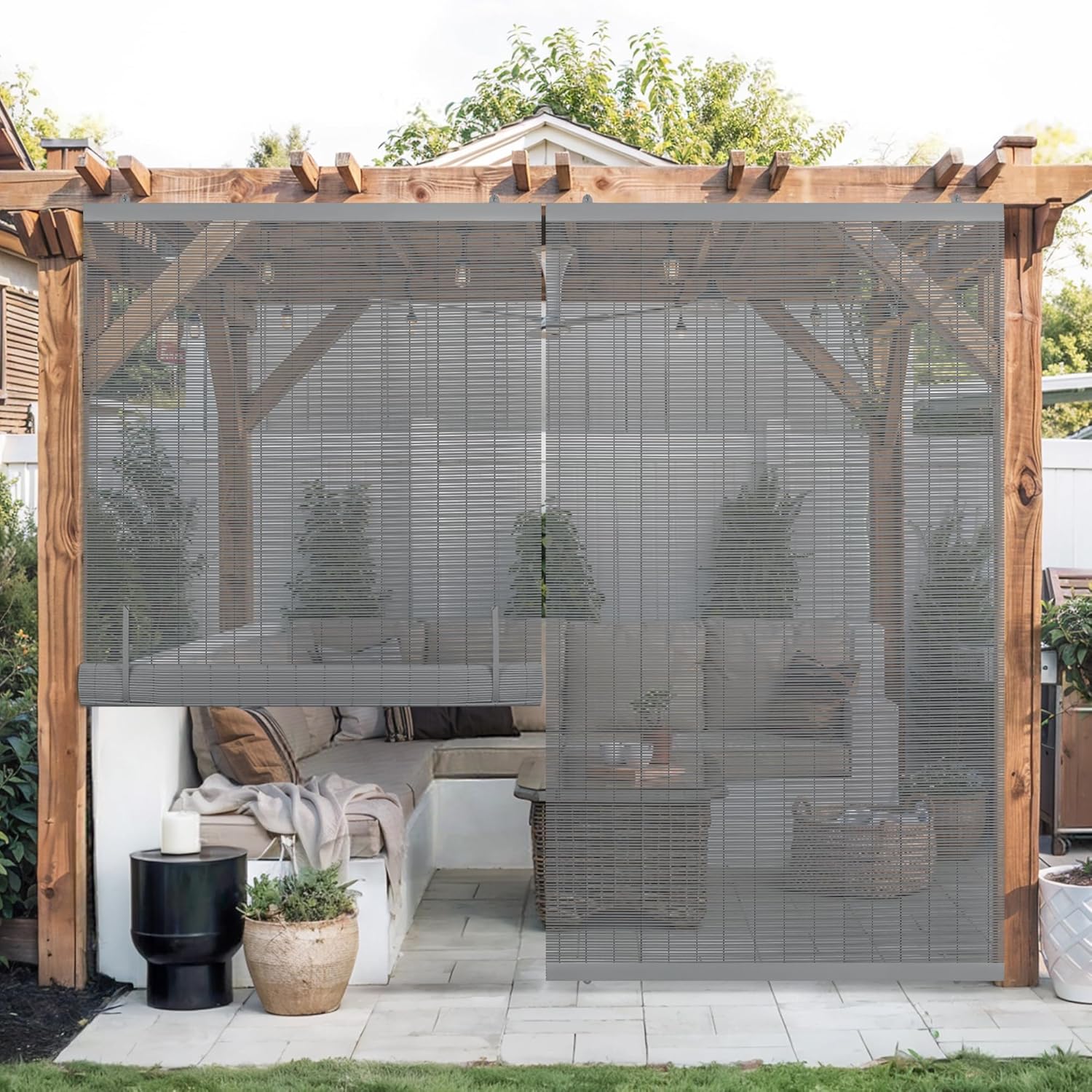 LazBlinds Cordless Roller Shades for Outdoor, Exterior Light Filtering Roll up Shades, Hanging Sunscreen for Patio, Balcony Indoor/Outdoor Porch, 34'' W x 64'' H, Grey Grey 34'' W x 64'' H