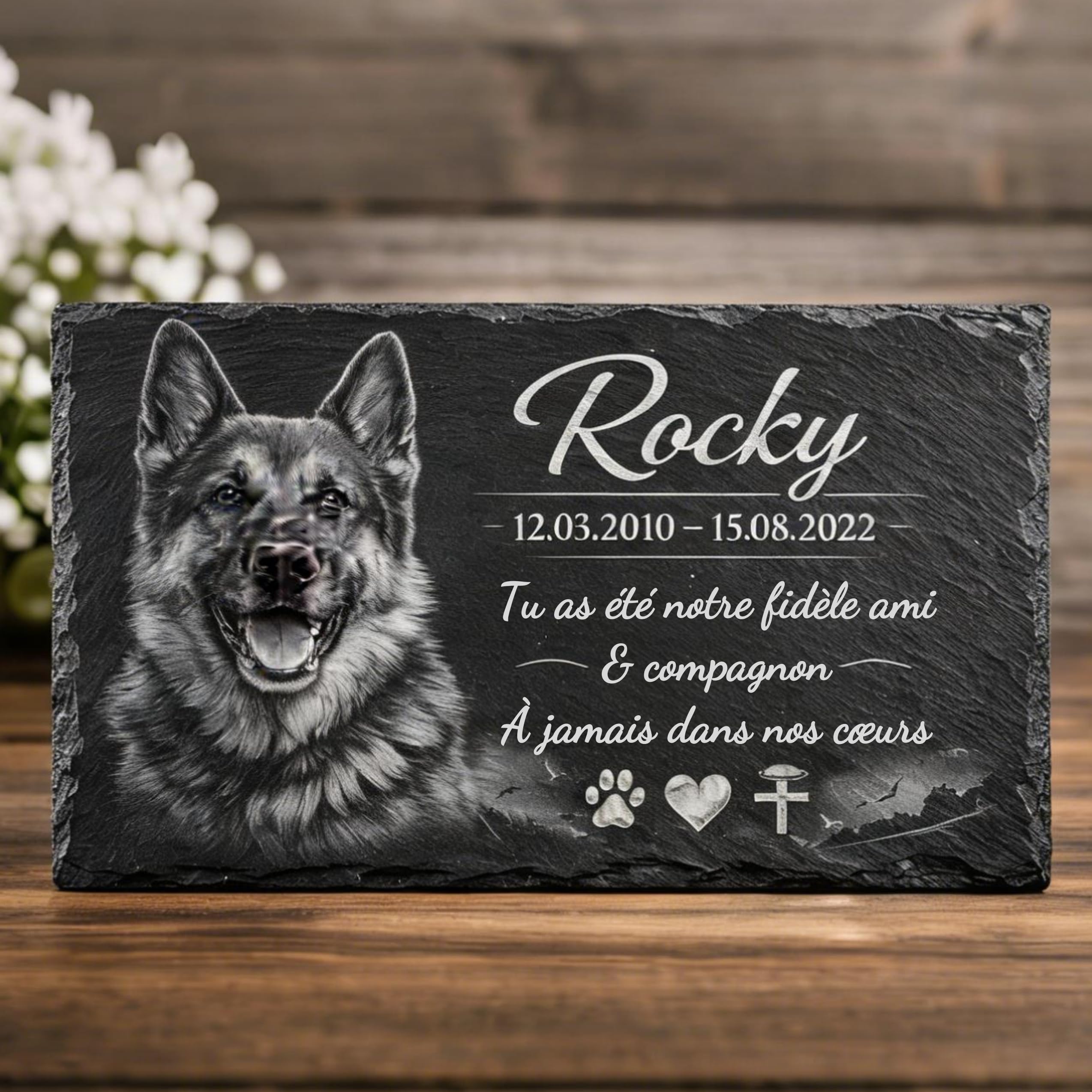 Plaque funéraire personnalisée en Ardoise Naturelle 30x20cm – Gravure Laser Photo & Texte – Pierre commémorative pour Chien, Chat & Animaux – Artisanat Allemand