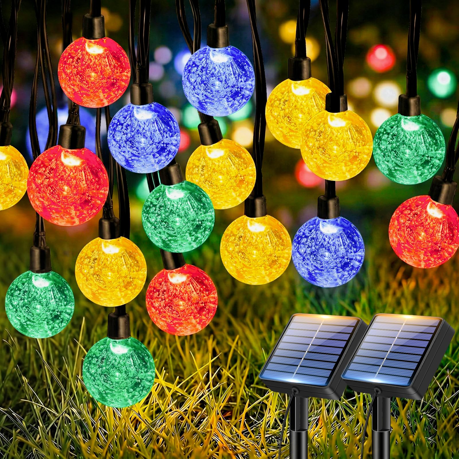 btfarm Paquete de 2 tiras de luces solares para exteriores, impermeables, total de 100 LED de 98 pies, luz solar para patio, 8 modos de iluminación, decoraciones de globo de cristal para jardín