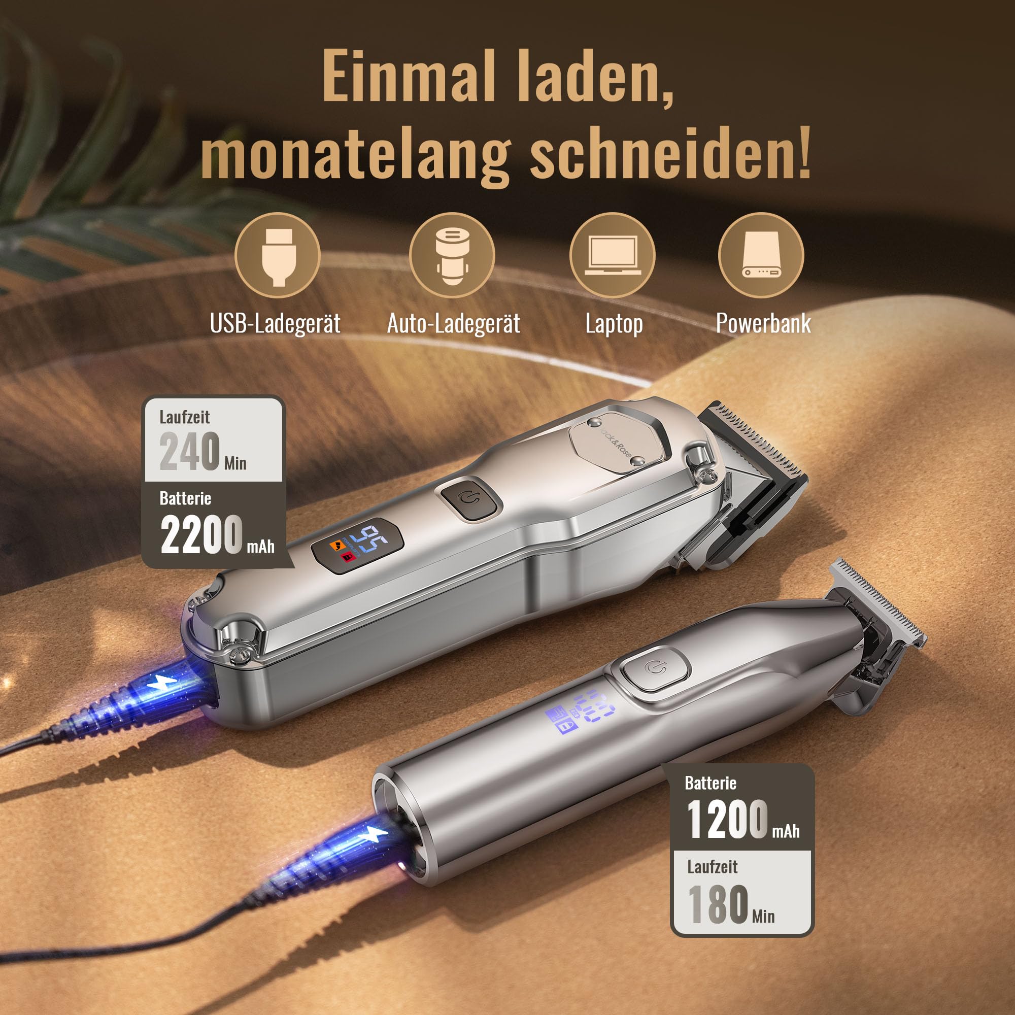 Jack & Rose Haarschneidemaschine Profi Haarschneider Kabellos Wiederaufladbar IPX7 Wasserdicht Bartschneider Herren Pflegeset