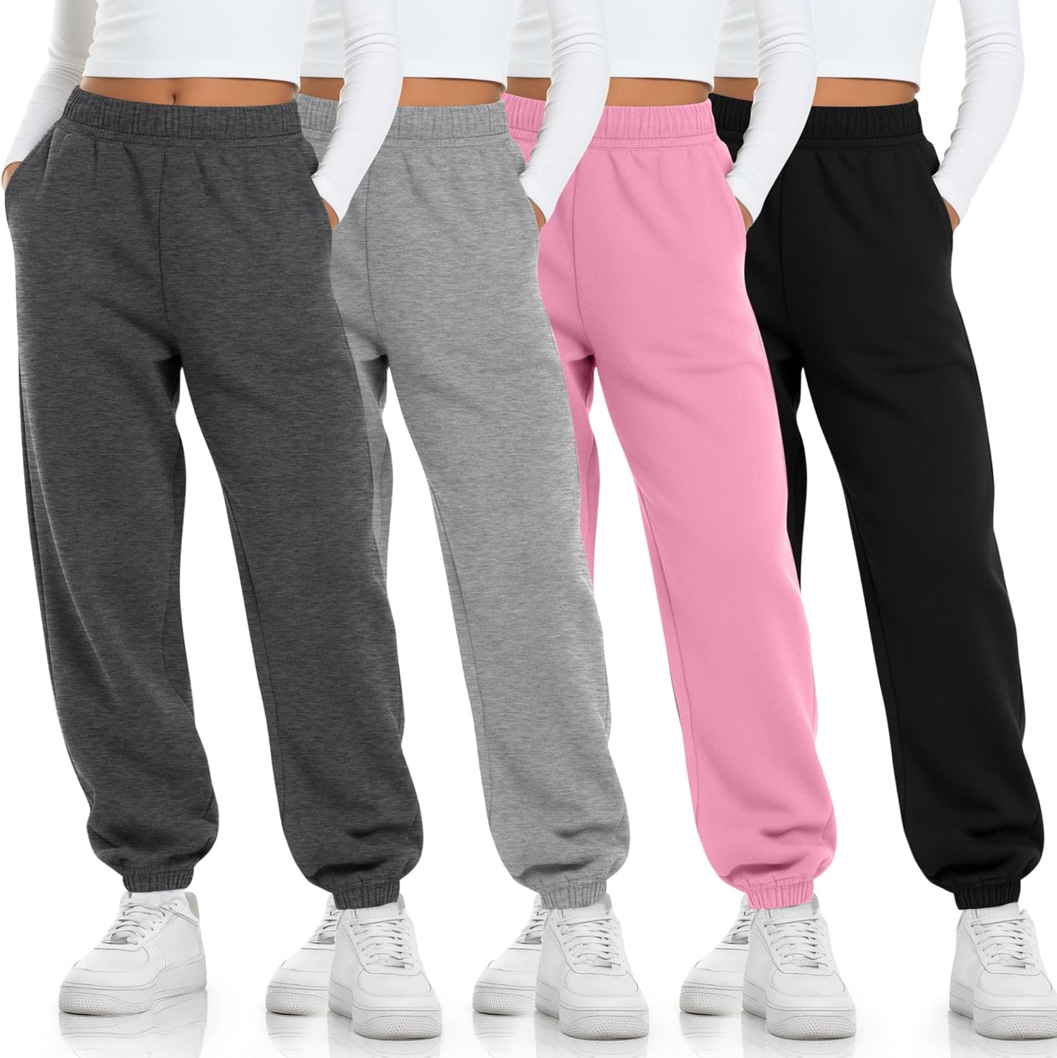 LessonZoo 4 Pack Girls' Joggers Sweatpants Kids Casual Pants Elastic Waisted Soft Athletic Sweat Pants with Pocket