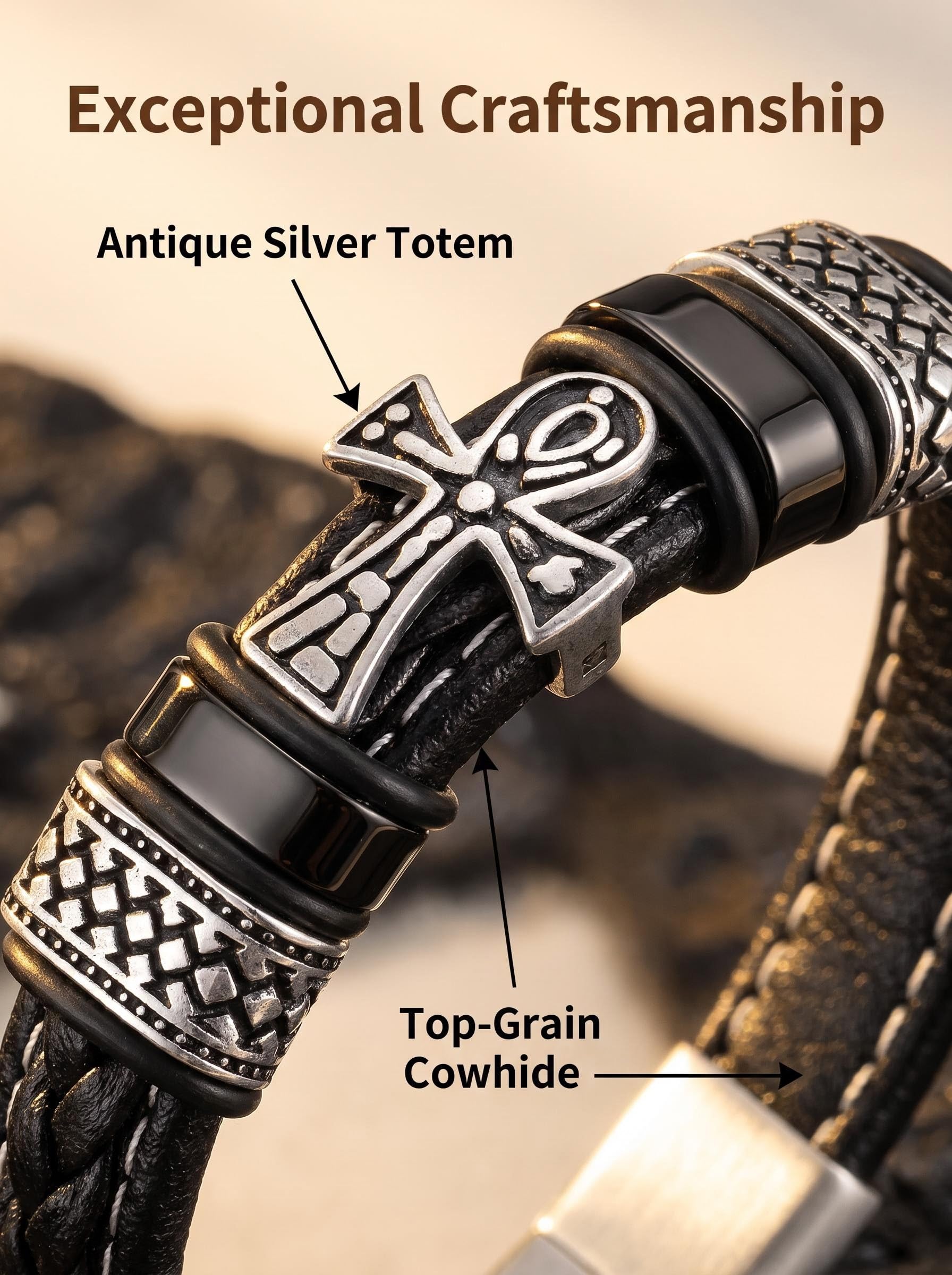 Bracelet en cuir et acier inoxydable avec croix pour homme