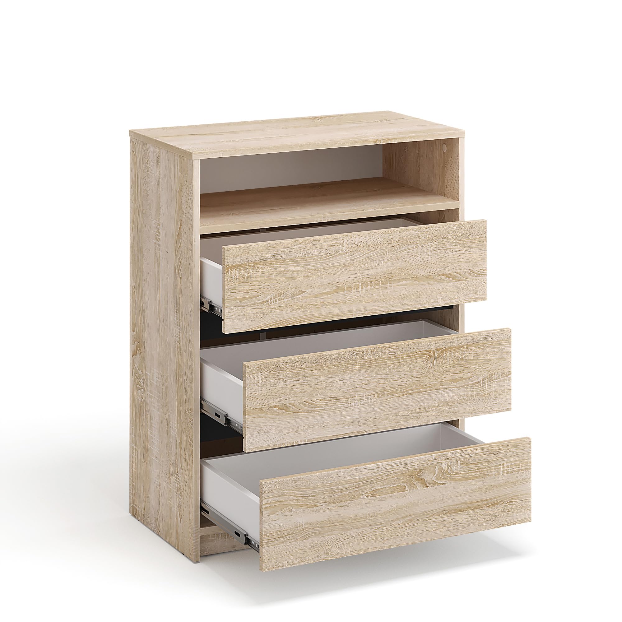 Komto Commode Chêne Sonoma – Meuble de Rangement avec 3 Tiroirs et 1 Niche Ouverte, Style Bois Clair pour Salon, Bureau ou Chambre Bébé/Enfant | Leon 70 x 37 x 90 cm (L x P x H)