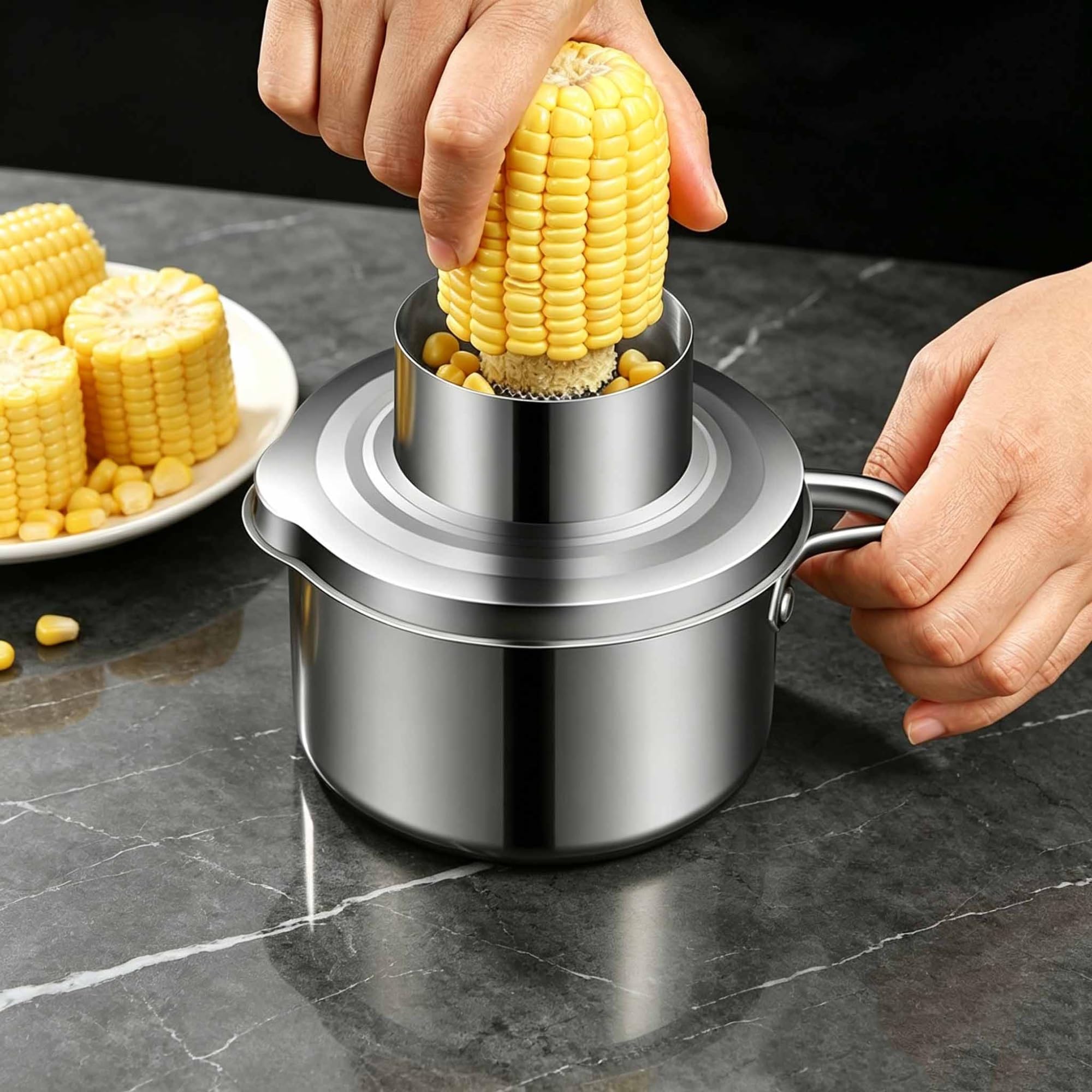 Sgranatrice per mais in acciaio inox, ideale per mais fresco/crudo | Manico lungo, lama affilata e seghettata, sgranatura rapida, leggera e portatile (13*13*13 cm)