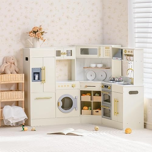 ROBOTIME Cocina esquinera de madera en forma de L, con nevera, horno, fregadero, microondas y lavadora, luces y sonidos realistas, juguete de cocina