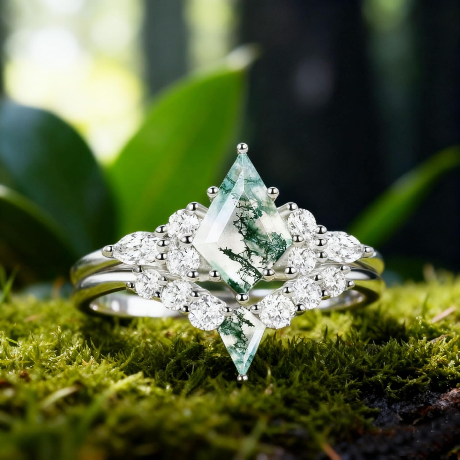 Natural Moss Agate Engagement Ring for Women 925 Sterling Silver Bridal Ring Set Kite Cut Moss Agate Wedding Ring Set Promise Rings Set for Her - Image 2