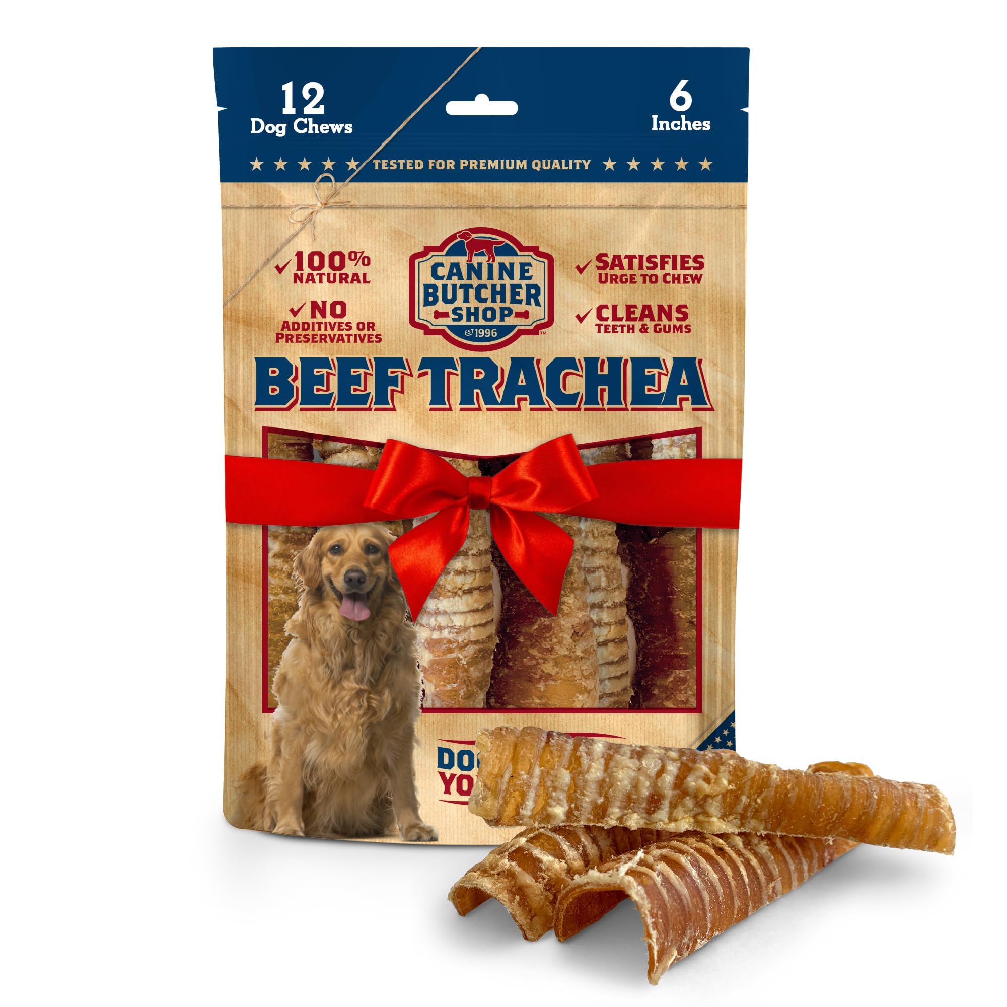 Beef Trachea for Dogs, Strips-Halves, 6-inch (12-Pack), Raised & Made in USA, All-Natural Dog Chew, Treat