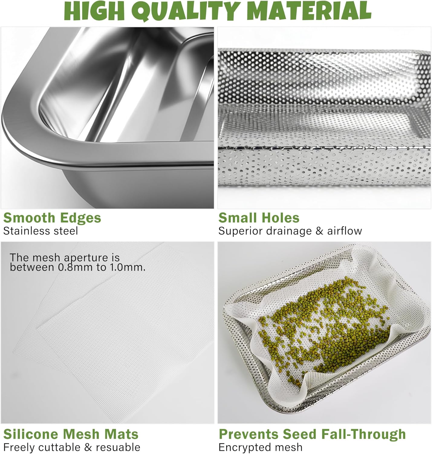 2 Pack Stainless Steel Seed Sprouter Trays, 2-Tier Soil-Free Microgreens Growing Kit, Sprouting Tray with Cover Lids & Mesh Pads for Sprouts Beans Alfalfa Wheatgrass