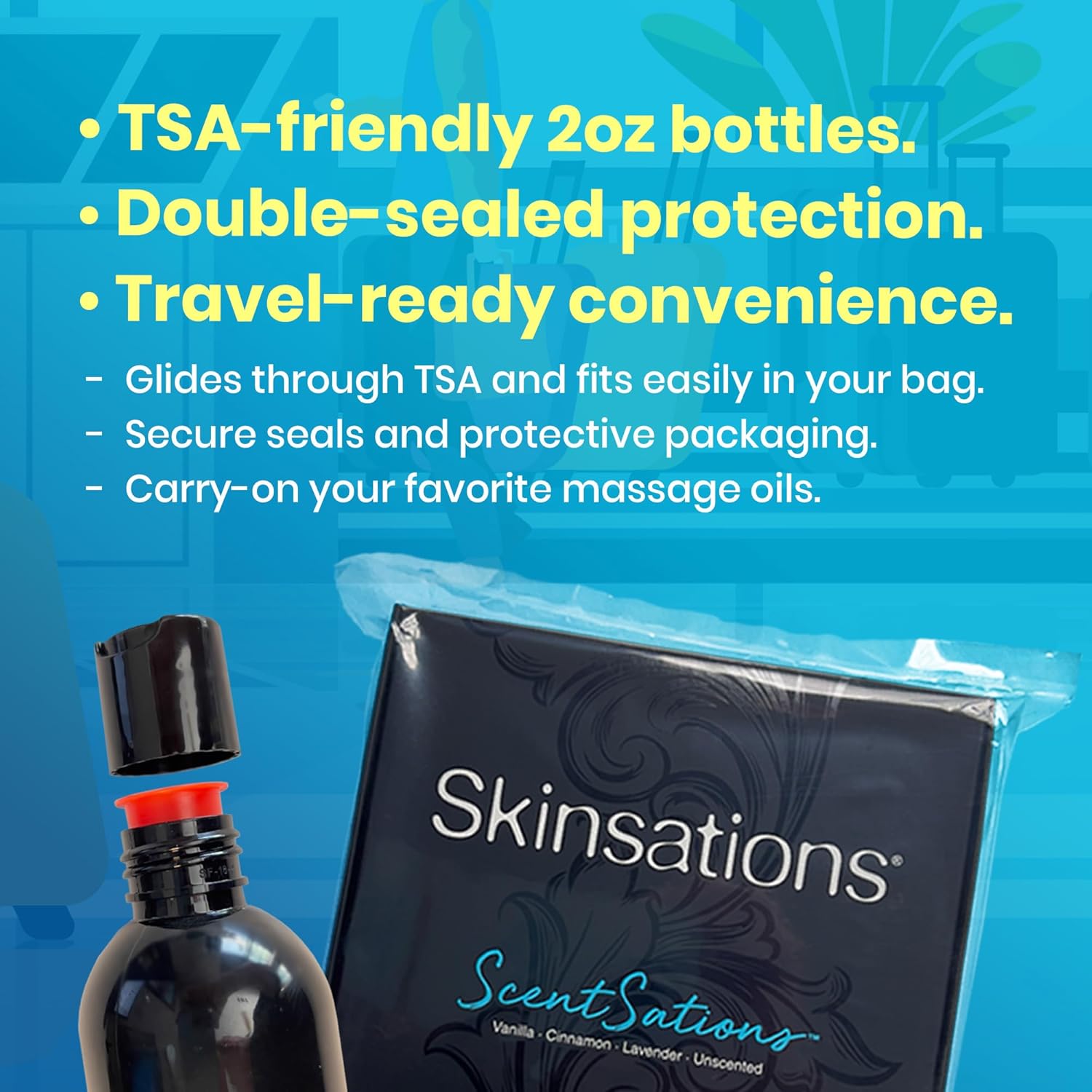 Skinsations - Massage Oil Kit (Set of 4, 2oz Each) – Travel-Size Variety Set with Vanilla, Cinnamon, Lavender & Unscented | Lightweight, Non-Greasy Oils for Relaxation, Gifting & Discovery - Image 4