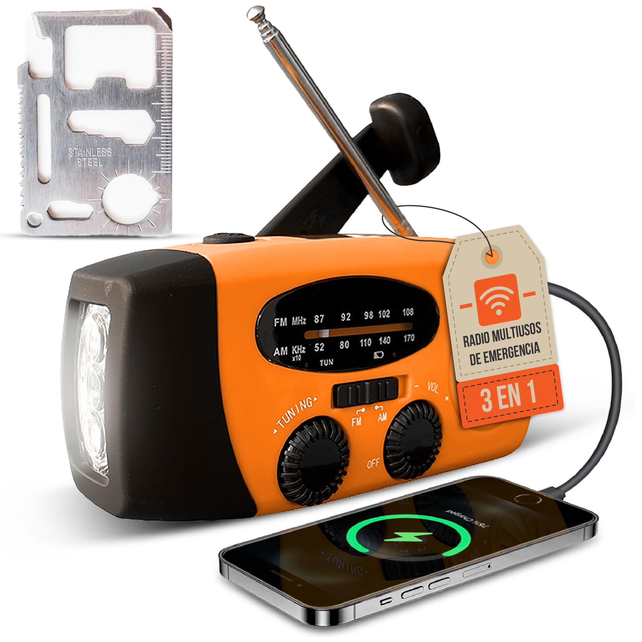 Radio Solar de Emergencia con Manivela, Linterna LED, Power Bank USB, Radio Am/FM Recargable, Dinamo Portátil para Camping, Supervivencia, SOS + Tarjeta Multiherramienta