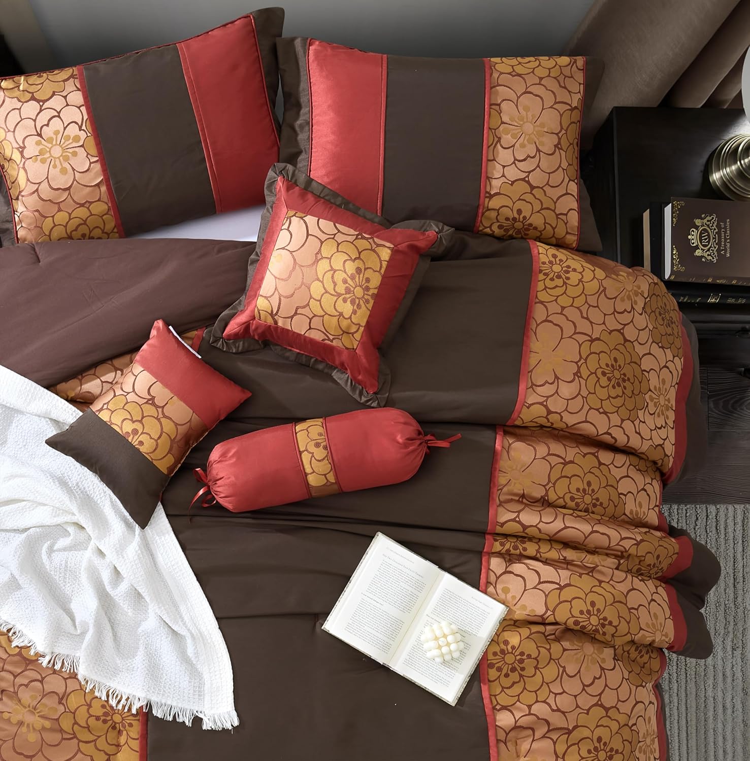 Grand Avenue Red/Brown Comforter Sets for Queen Bed, 7 Piece, Home Decor, Premium Lightweight Microfiber, Bedskirt, Pillows & Shams