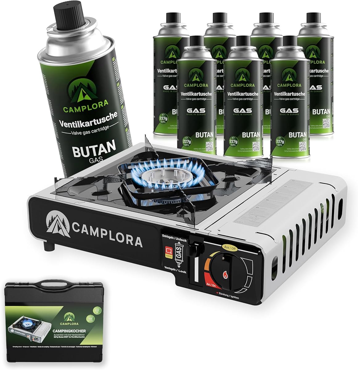 Gaskocher für MFS-1a Kartuschen inkl. Tragekoffer mit Piezozündung - Campingkocher 2,2 kW - inkl. Sicherheitsabschaltung