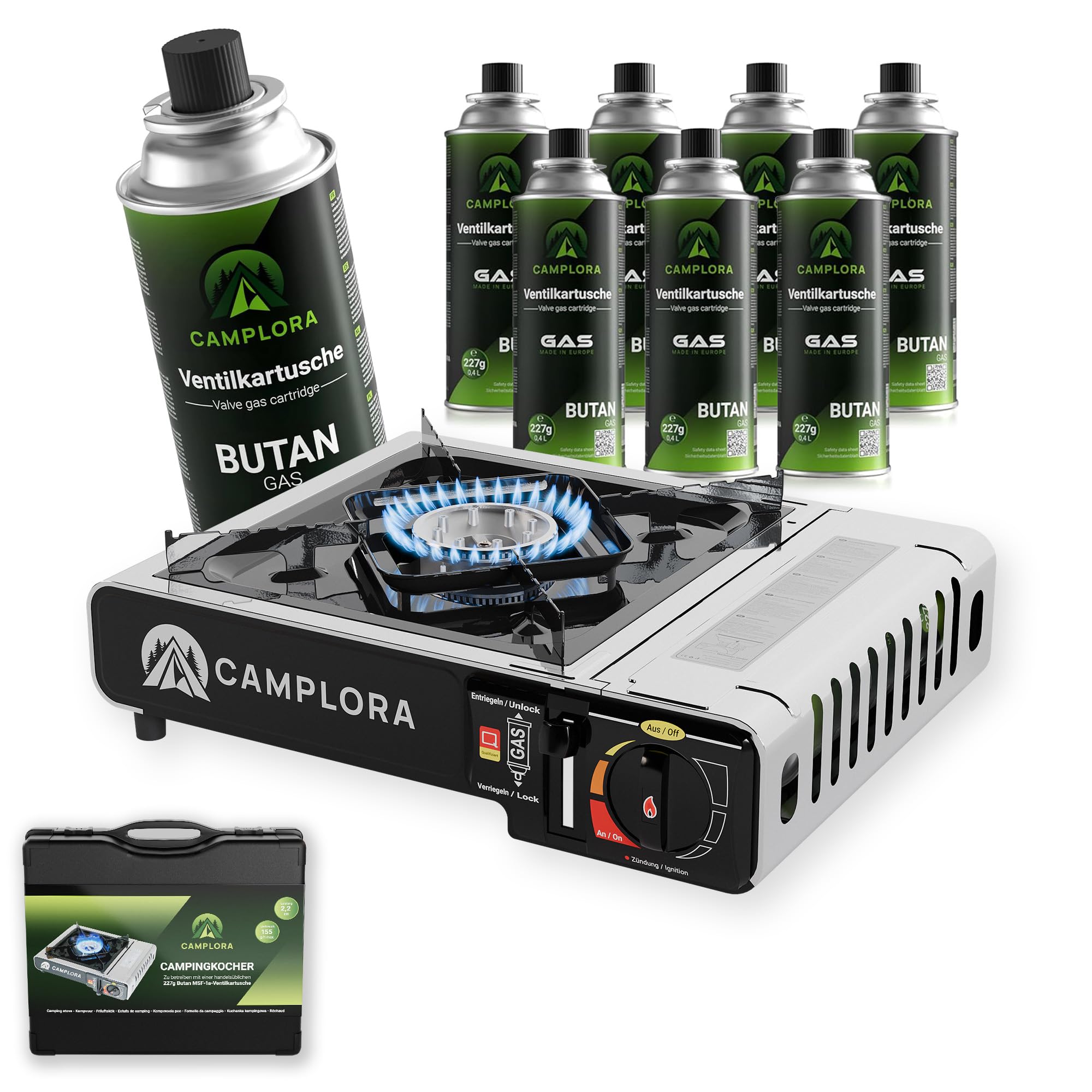 Camplora Gaskocher mit 8 Gaskartuschen