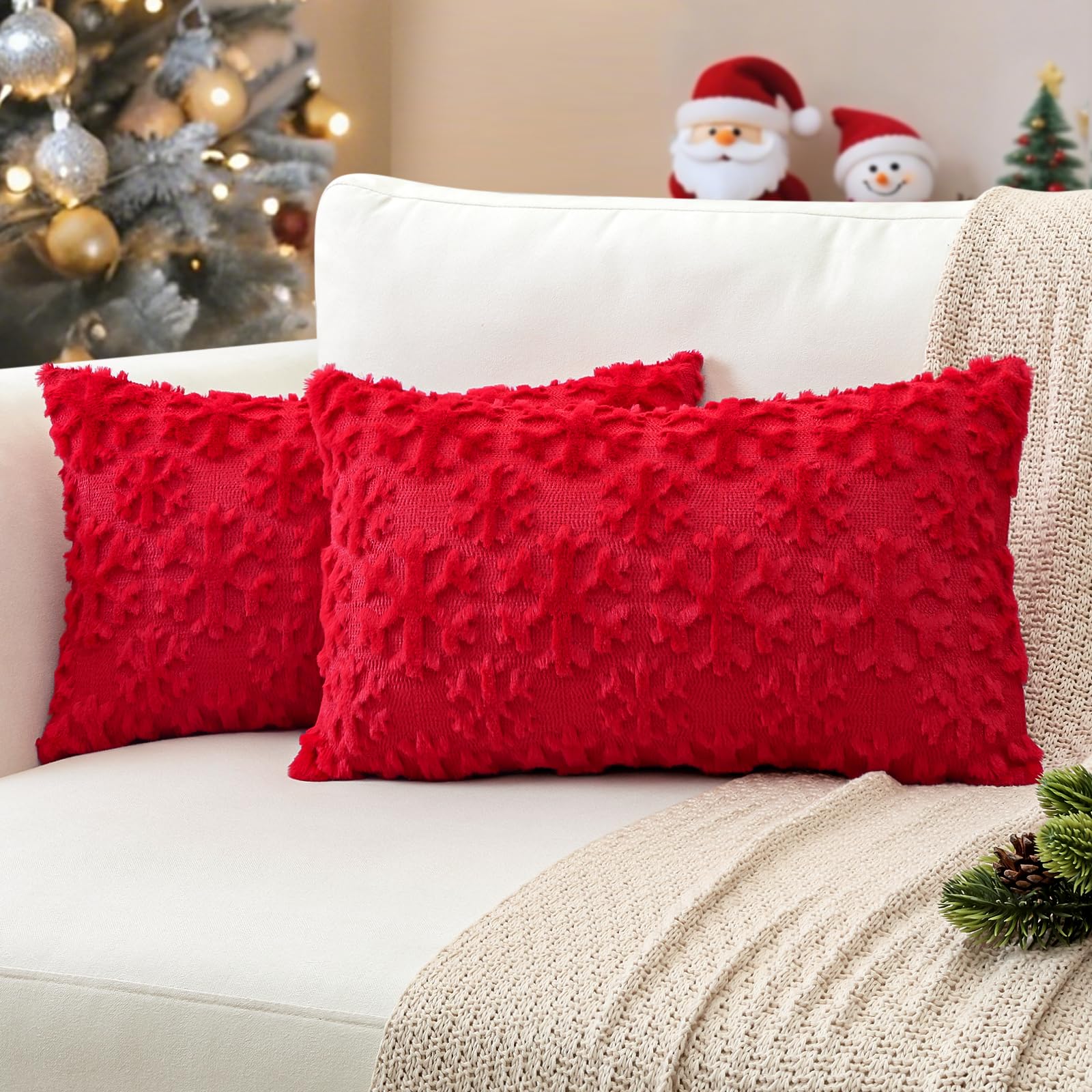 JOTOM Red Snowflake Winter Christmas Cushion Covers 40x60 cm Set of 2 Soft Plush Faux Fur Christmas Decorative Throw Pillow Covers Holiday Pillow Case for Home Bedroom Couch Sofa Decor (Red)