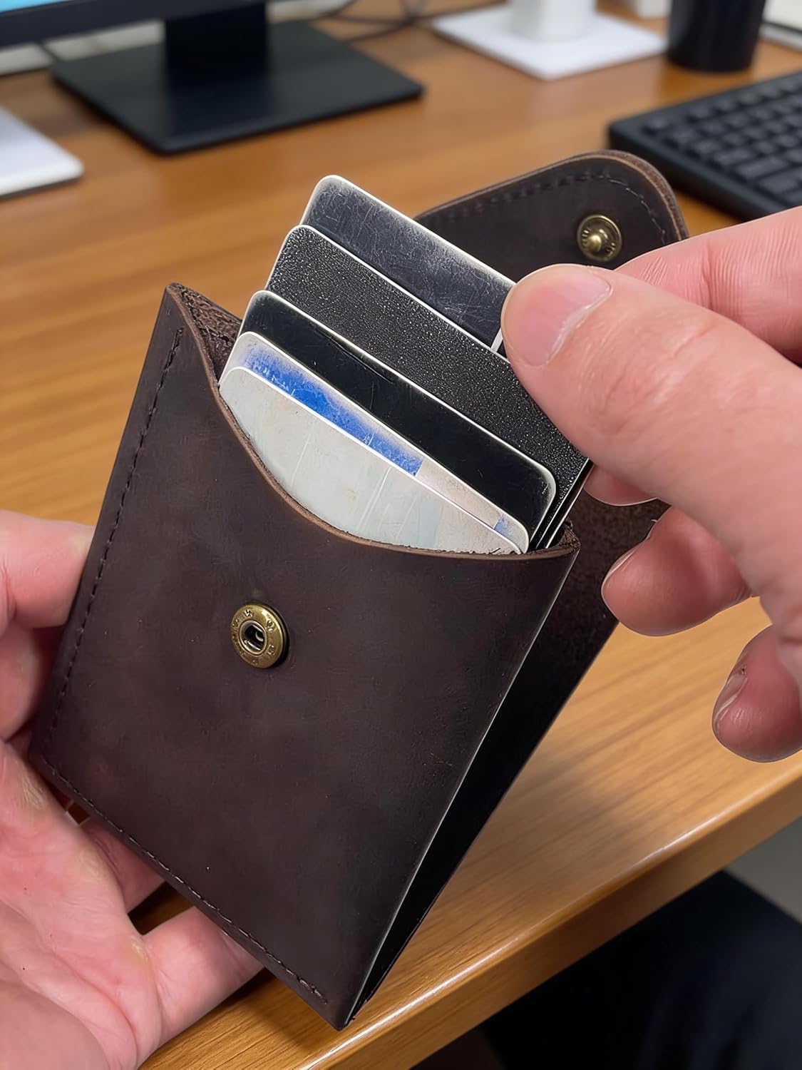 Leather Cash Wallet for Men - Slim Card Holder - Handmade Minimalist Front Pocket Wallet- Flap Wallet - Full Grain Leather (Dark Brown)