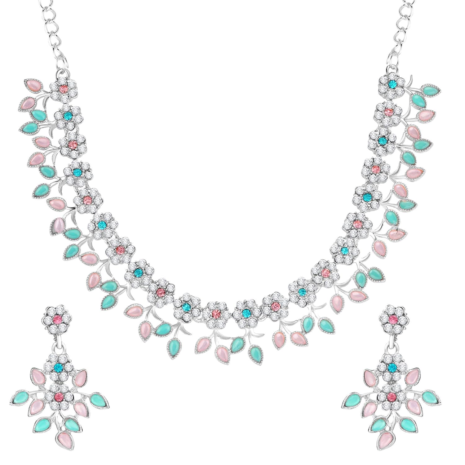 Atasi International Crystal AD Diamond Necklace with Earrings for Women and Girls | Jewellery Set Suits Best for Party, Wedding and Any Occasions