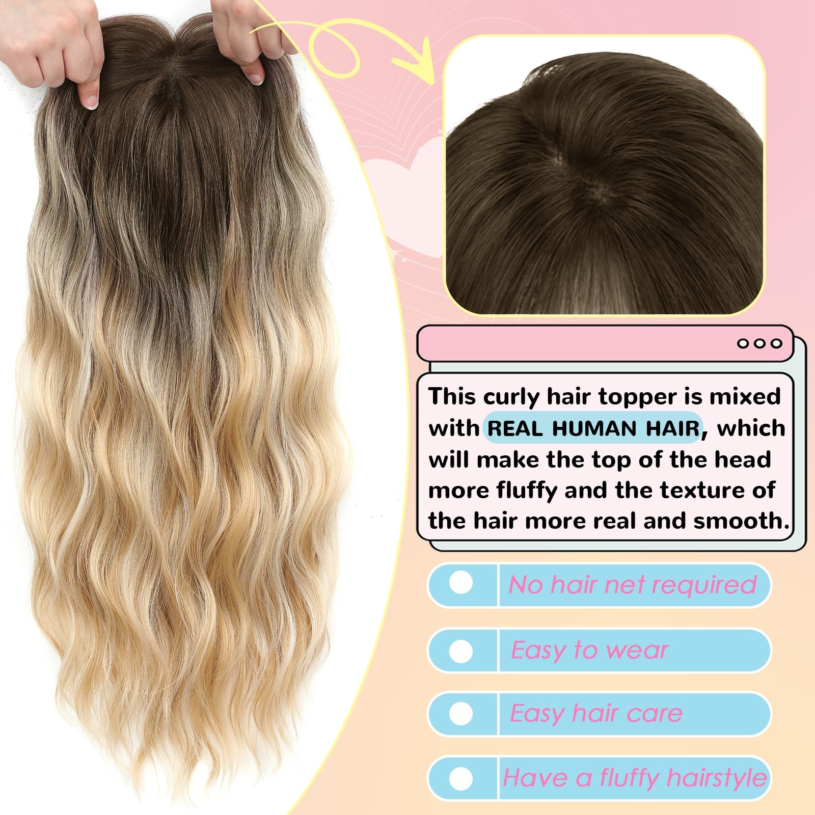 Hand Tied Breathable Hair Topper with Curtain Bangs, Clip In Lightweight Wiglet Black with Pink Highlight Hair Topper with Bangs Clip in 3D  main image 4