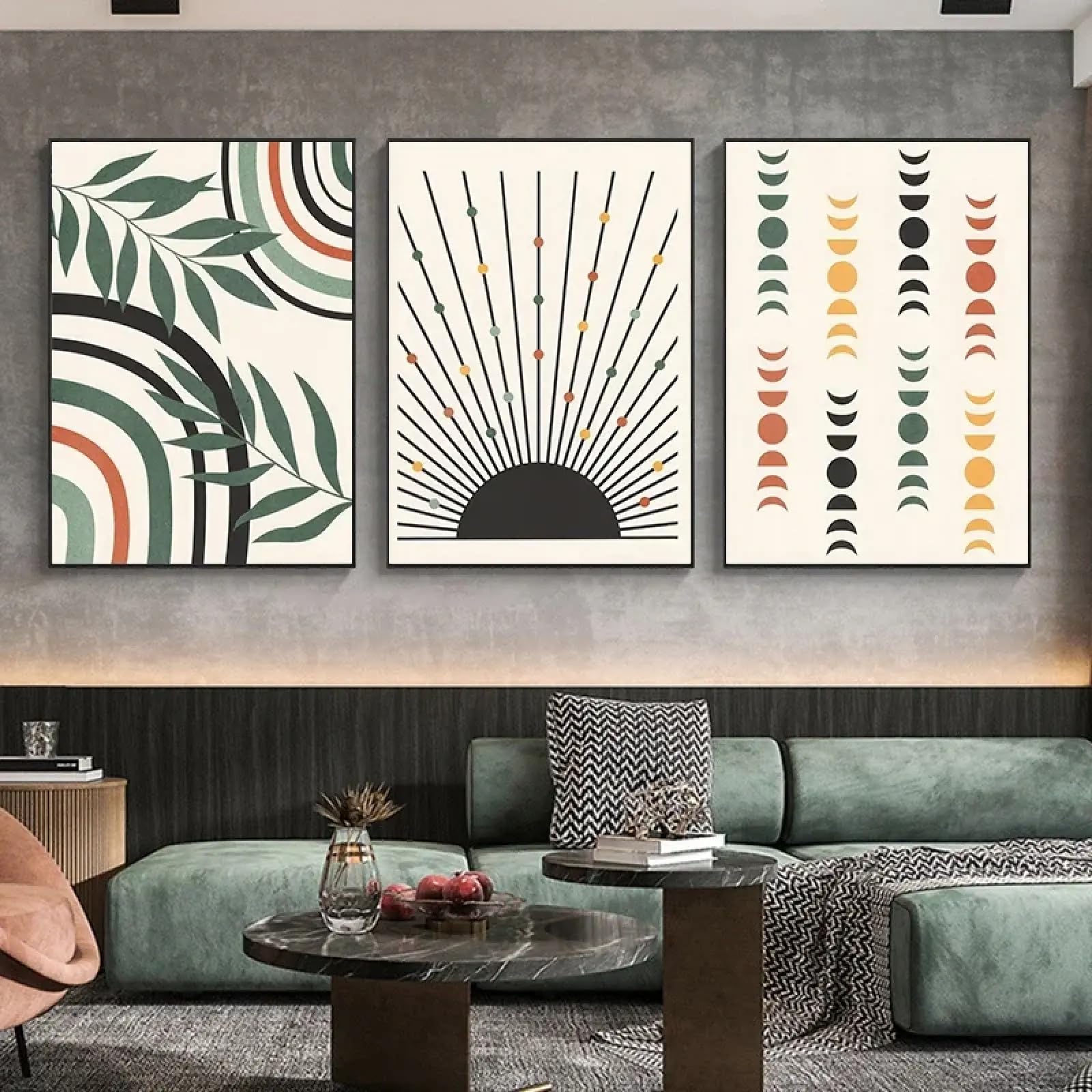 Peinture abstraite soleil lune boho feuilles géométriques salon - 8
