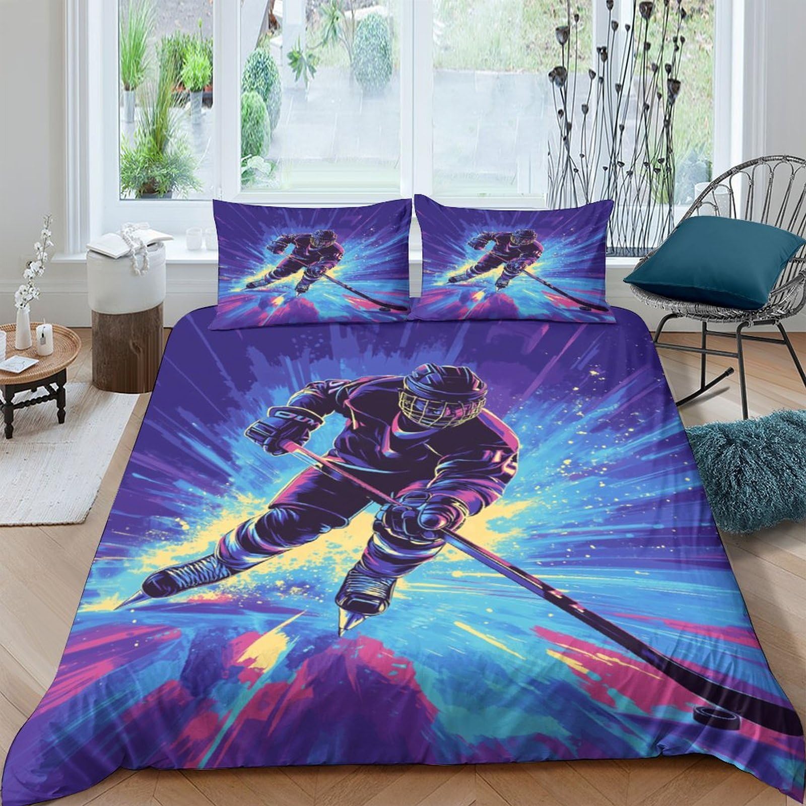 Ctjqhvkz Style-7 3D Printed Hockey Player Fitted Sheet Microfiber Soft Breathable Neon Splash Mattress Cover For Bedroom Dorm Decor Single（135X200cm）