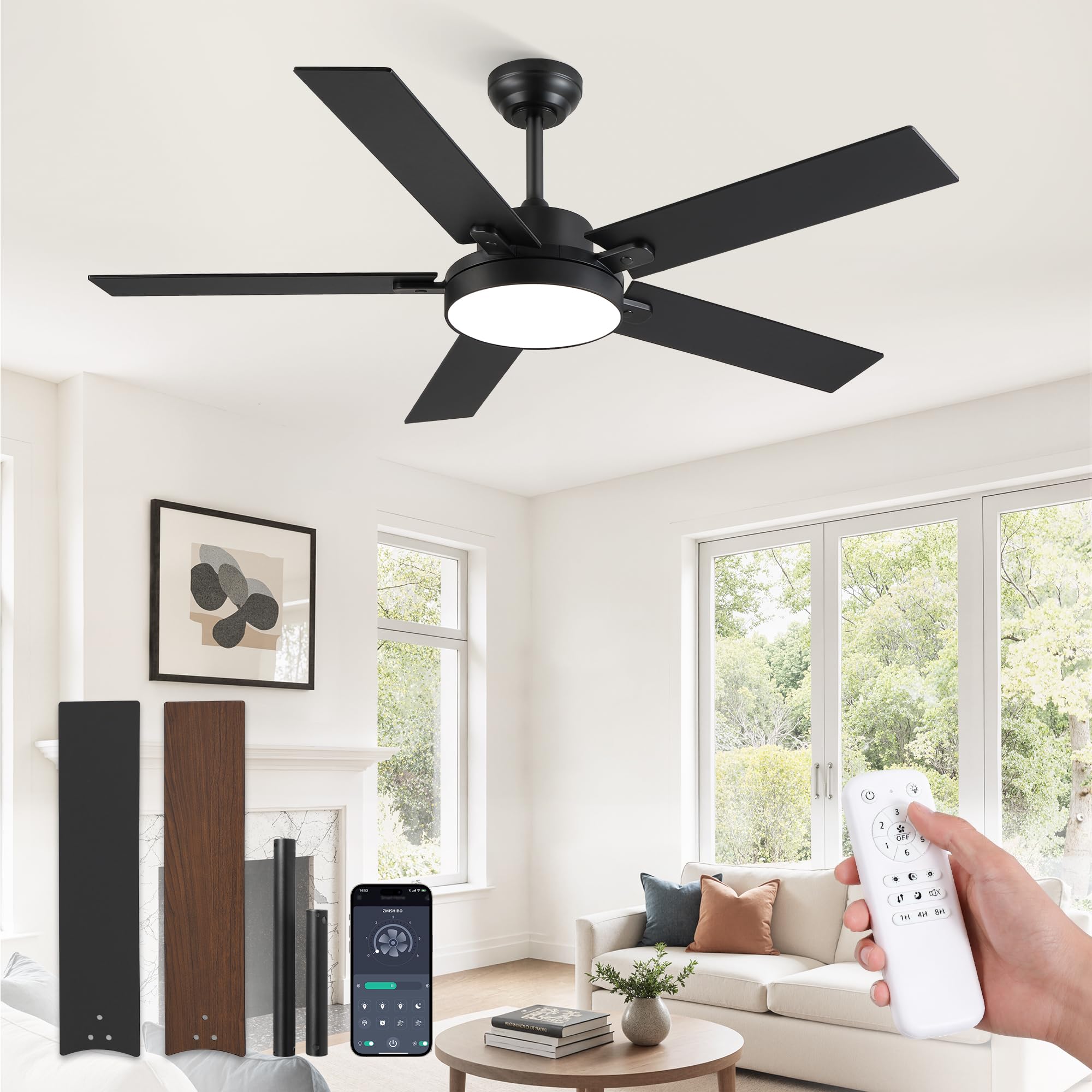 Photo 1 of ZMISHIBO 52 Inch Ceiling Fans with Lights, Smart Remote/APP Control, Modern Ceiling Fan with 6 Speeds & 3CCT, Dimmable 30W LED, Quiet DC Motor, Noiseless for Living Room, Bedroom, Kitchen, Black