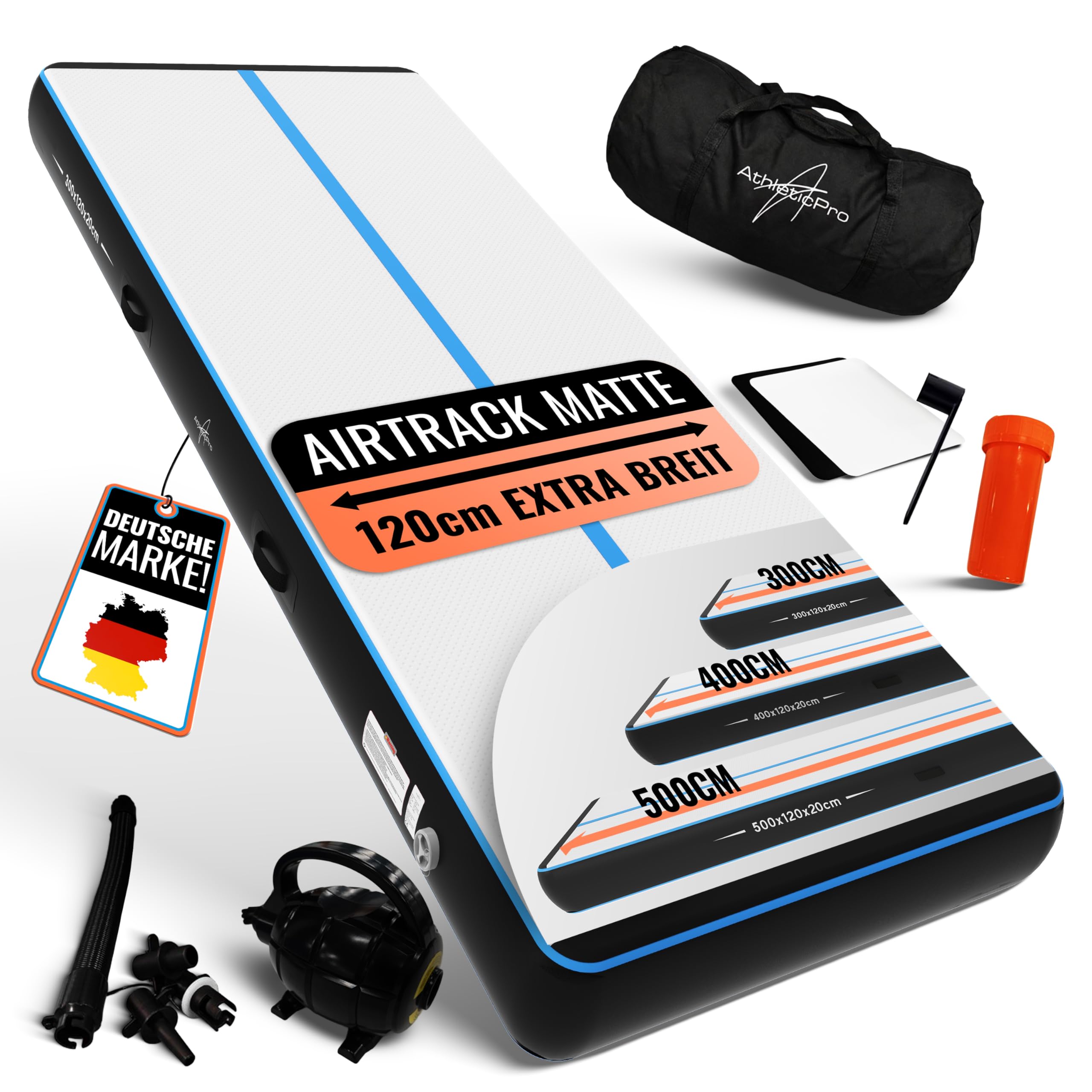 AthleticPro Airtrack Matte [3 m/4 m/5 m di lunghezza] – 120 cm di larghezza – 10/20 cm di altezza – Tappetino gonfiabile per ginnastica e acrobazie, con pompa elettrica, kit di riparazione e borsa