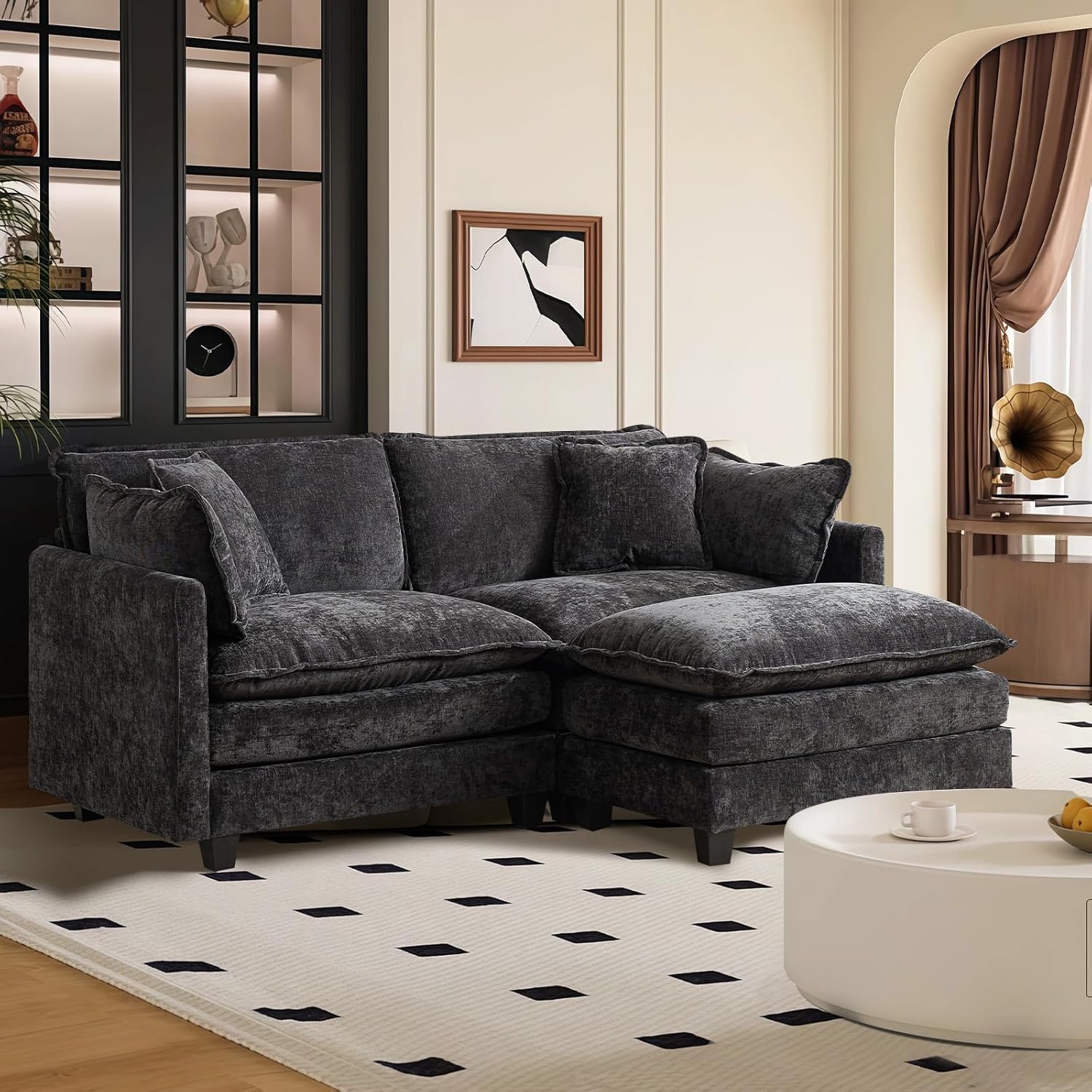 SoarTalent 195cm L-Form Modulares Ecksofa, Wandelbarer 2-Sitzer Chenille Tiefsitz Sofa mit Kissen und 2 Ottomanen für Wohnzimmer, Wohnung und Büro