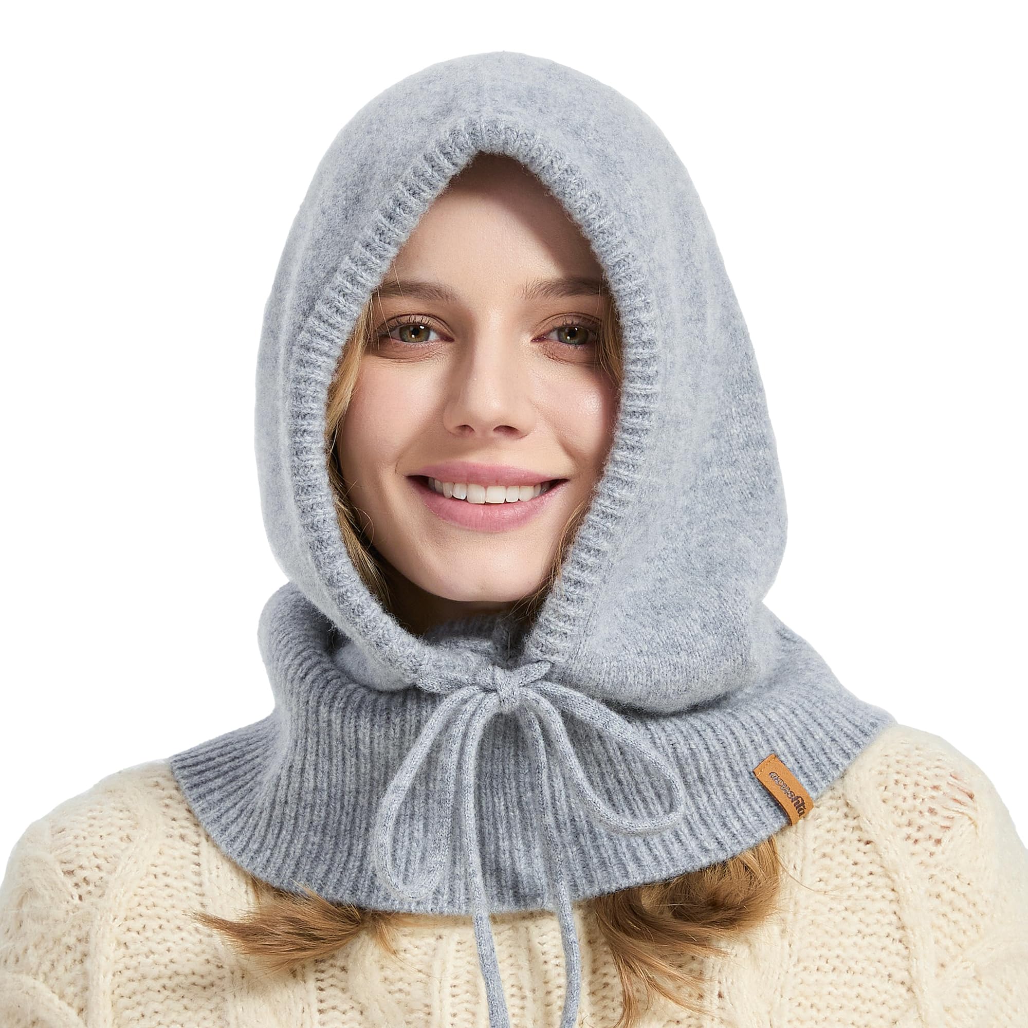 ACUSHLA 100% Merino Wool Balaclava for Women & Men Winter Warm Knit Hooded Scarf Hoodie Hat and Scarf Set in One