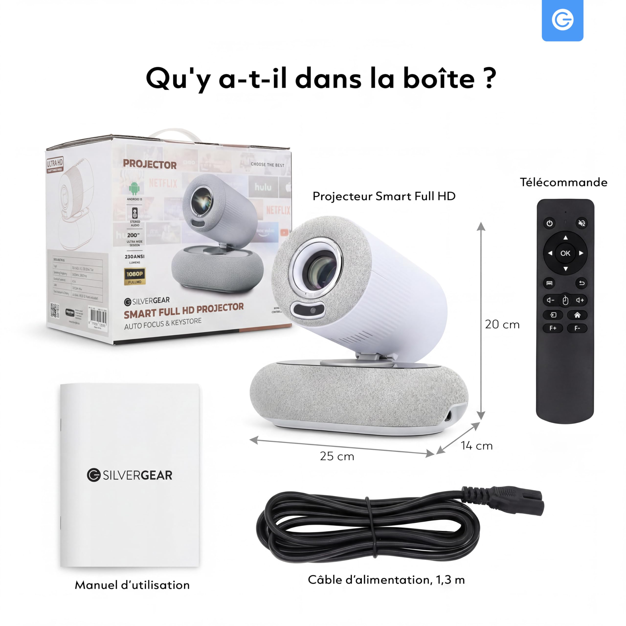 Silvergear® Vidéoprojecteur Full HD 1080p | Mini Projecteur Smart avec Autofocus & Correction Trapèze | Projecteur Video WiFi Bluetooth | Image Home Cinema 508cm | LED Ambient Light | HDMI USB | Blanc