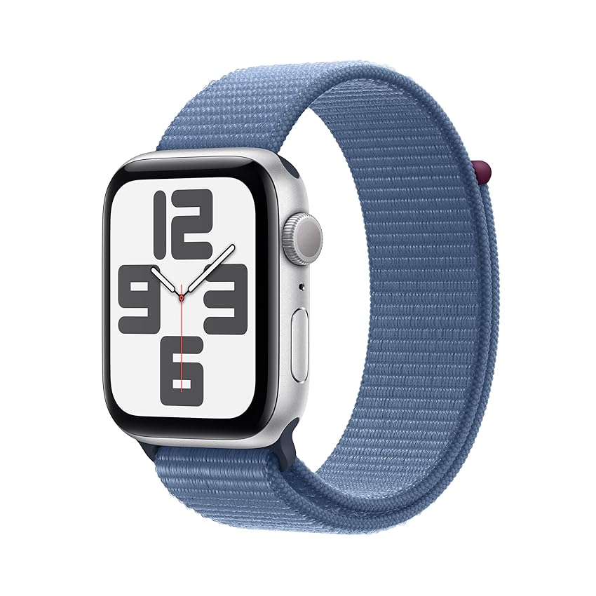 Immagine del prodotto Apple Watch SE (2ª generazione, 2023) GPS 44 mm Smartwatch con cassa in alluminio color argento e Sport Loop blu inverno. Fitness tracker, monitoraggio del sonno, Rilevamento incidenti