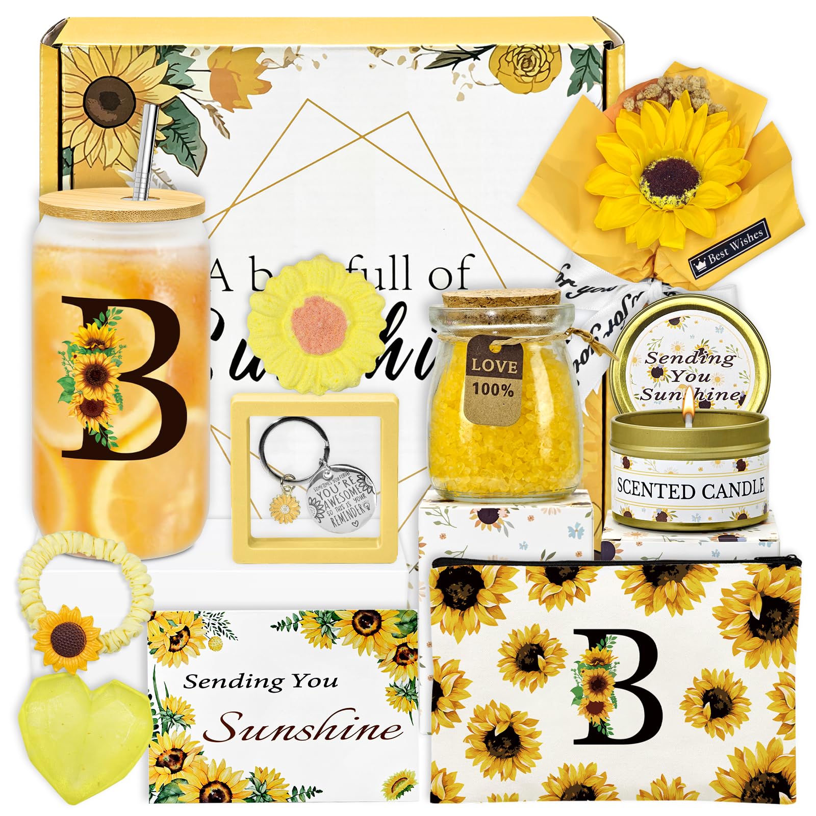 Amgkonp Sunflower Personalized Gifts for Women,12pcs Sunflower Initial Gifts,Initial Glass Cup,Monogrammed Gifts for Women,Birthday Gifts for Women,