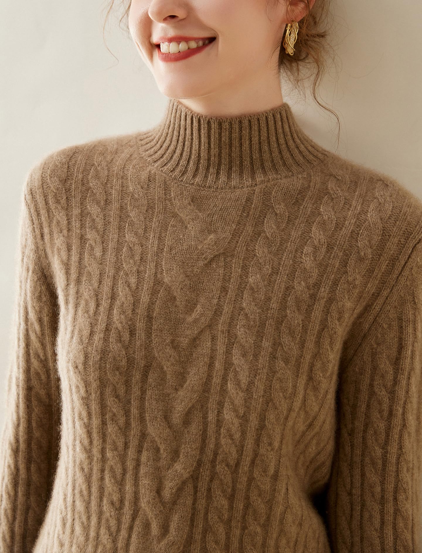 DISSA MA934 - Maglione da donna in cashmere e lana, con colletto alto, a maniche lunghe, con motivo a treccia