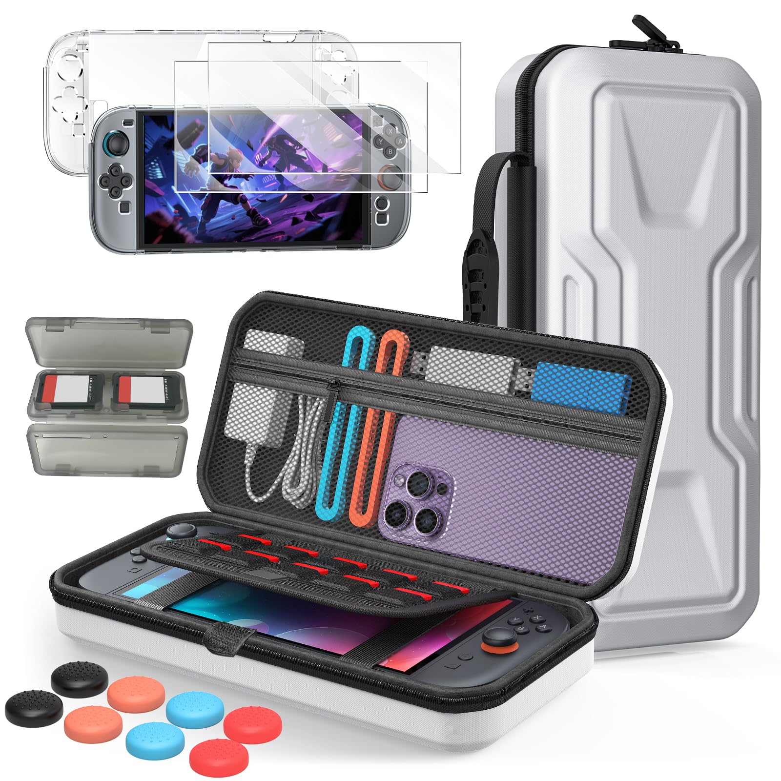 Switch 2 Case, FYOUNG Accessories Bundle for Nintendo Switch 2 Console 2025, Portable Carrying Bag with Protective Cover Shell, Screen Protector, Thump Caps for Travel and Storage (White)