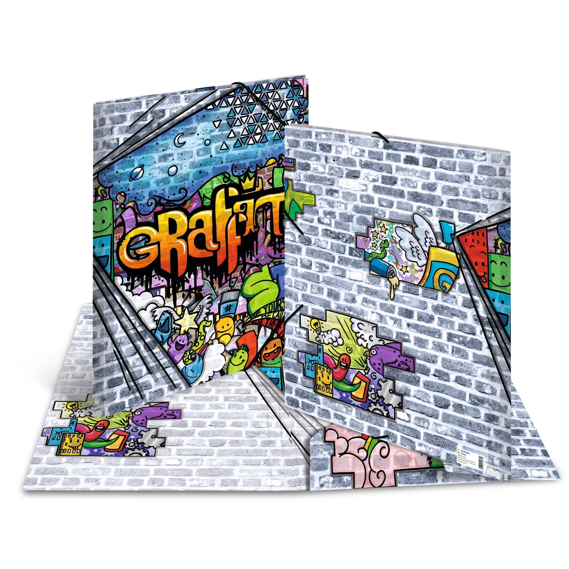 HERMA Sammelmappen A3 Design Set, 10 Stück, Kinder Eckspanner-Mappen aus Kunststoff mit Kunst Motiv, Gummizug, Innenklappen und Innendruck für Jungen und Mädchen