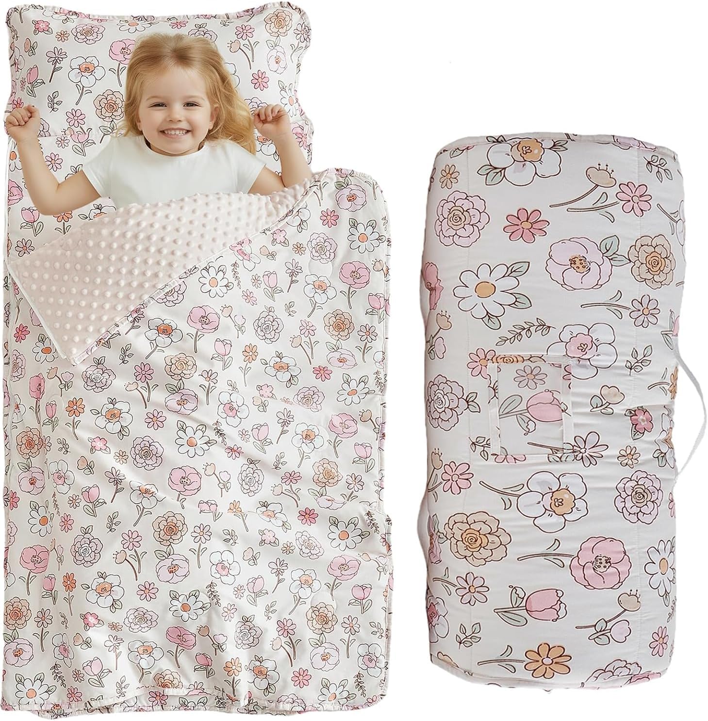 Floral Toddler Nap Mat with Zipper,Detachable Minky Blanket and Removable Pillow,Soft Slumber Bags for Girls,Kids Sleeping Bag for Daycare Preschool Kindergarten,Flower Toddler Sleeping Mat - Pink