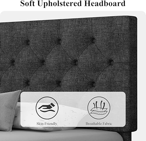 Miniatura 4 de HOMBCK - Base de cama tamaño individual con cabecera ajustable, base de cama tapizada en lino con listones de madera, bases de cama individuales