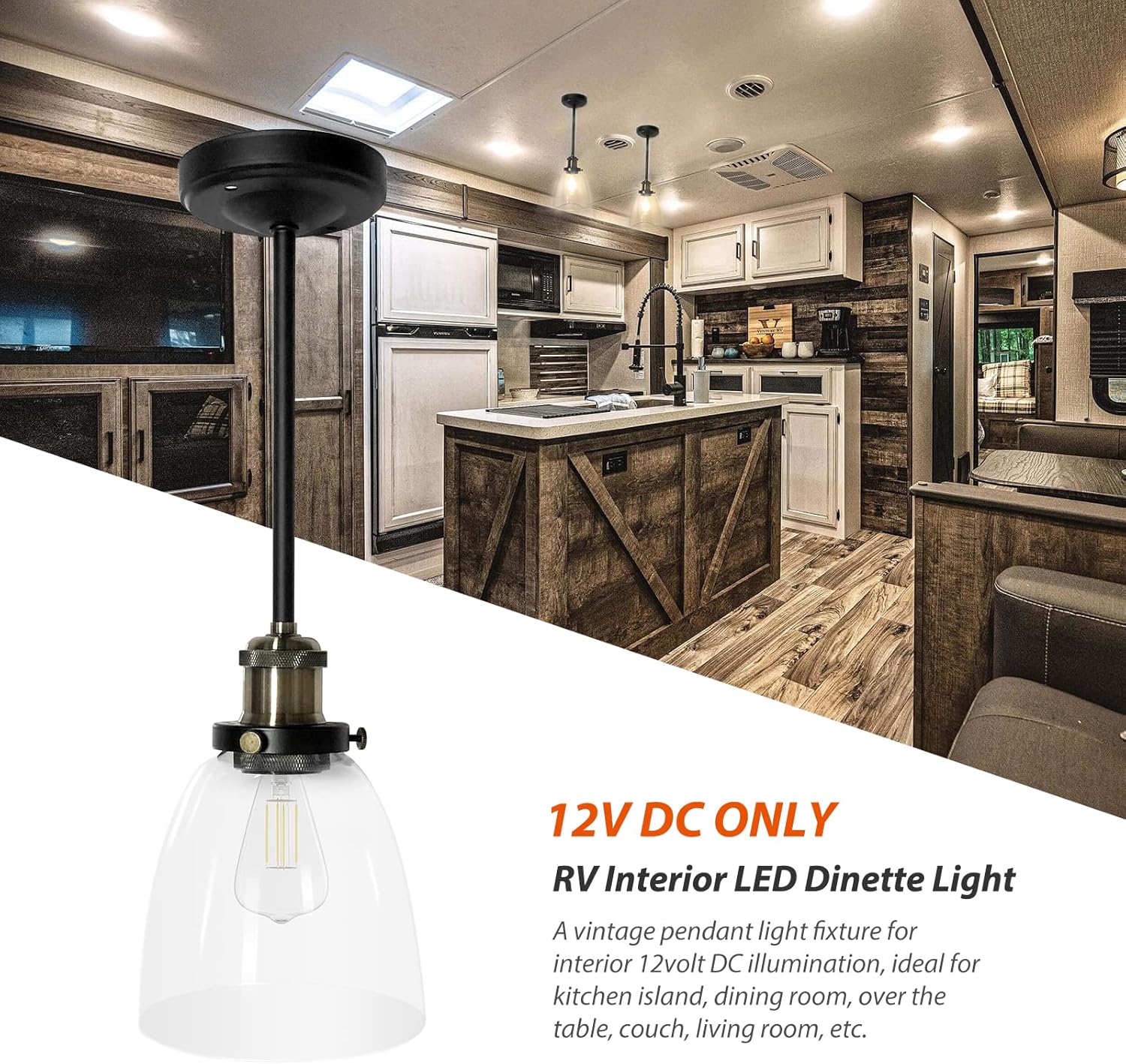 Dream lighting RV Interior Pendant Light Fixture 12v Ceiling Lamp with LED Edison Bulb for Camper Trailer Kitchen Island Dining Room – Matte Black, 3500K, No Switch