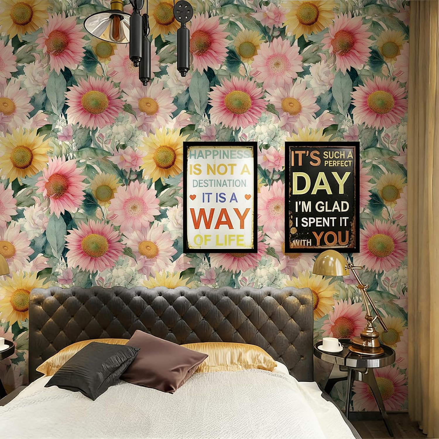 Stickorama Watercolor Sunflower Pink Yellow Floral Green Leaf Peel and Stick Wallpaper Self Adhesive 17.72" X 118.1'' Wall Paper Renter Friendly Removable Waterproof for Bedroom Living Room