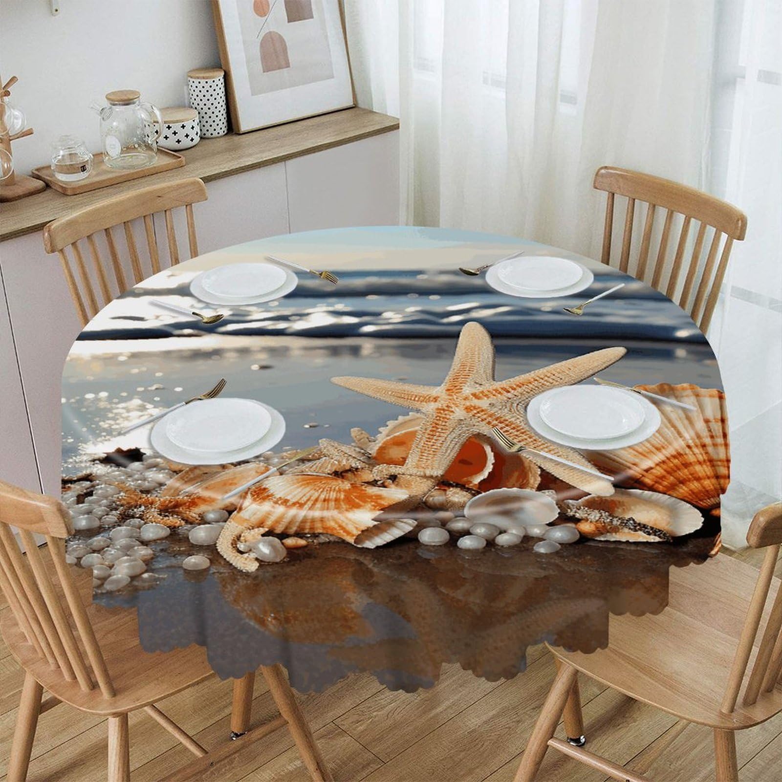 Adfgyerh Style Seashells On The Beach Table Cloth Easy To Clean, Home Decor Lace Design, Soft And Comfortable, Round Tablecloth Suitable For Homes, Restaurants, Hotels, Patio Tables, Etc.