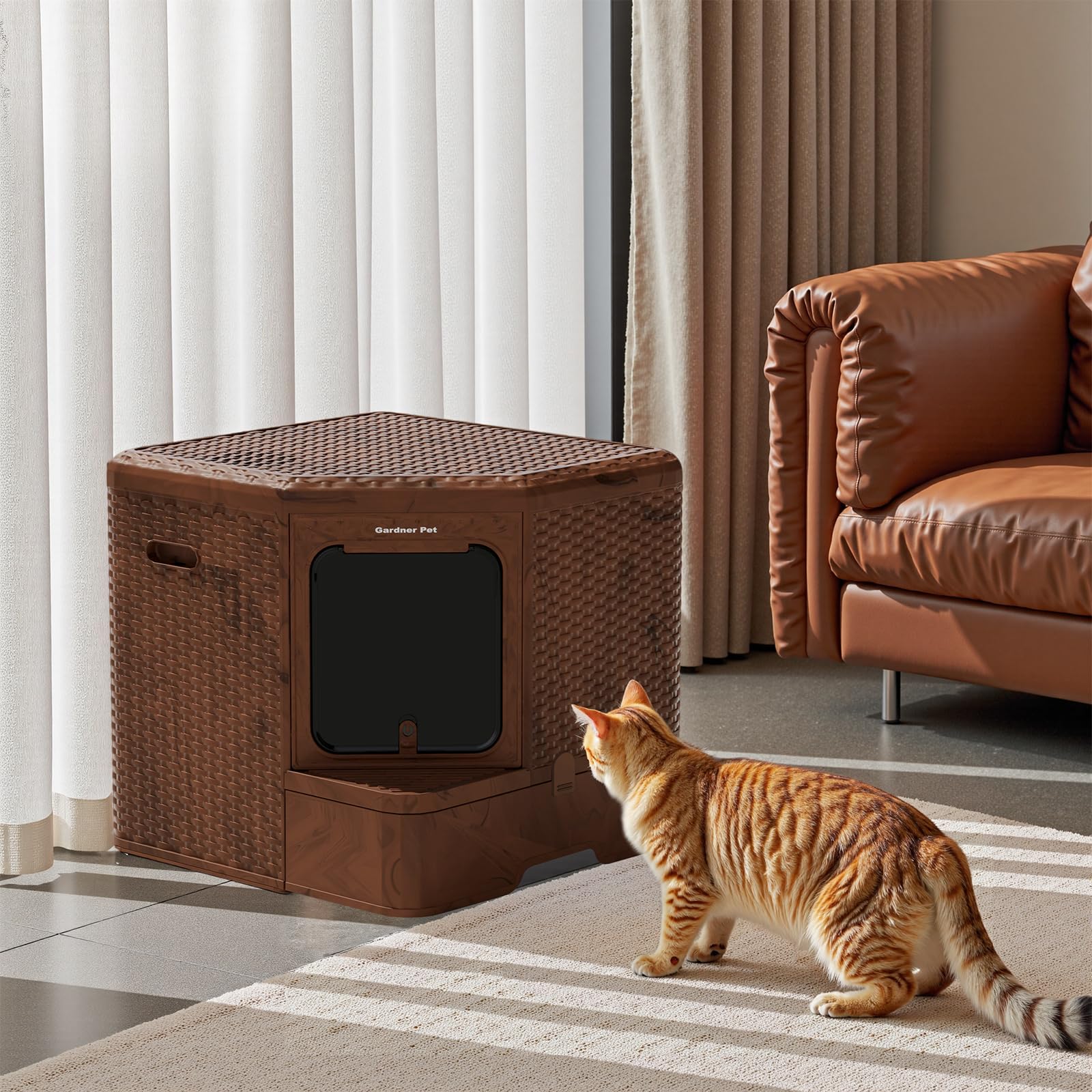 Gardner Pet Arenero Gato Cerrado, Color Madera Oscura | Fondo Extraíble, Diseño Estilizado, Material PP Reciclable, Filtración Anti-Olores,Dimensiones 50x50x50 cm