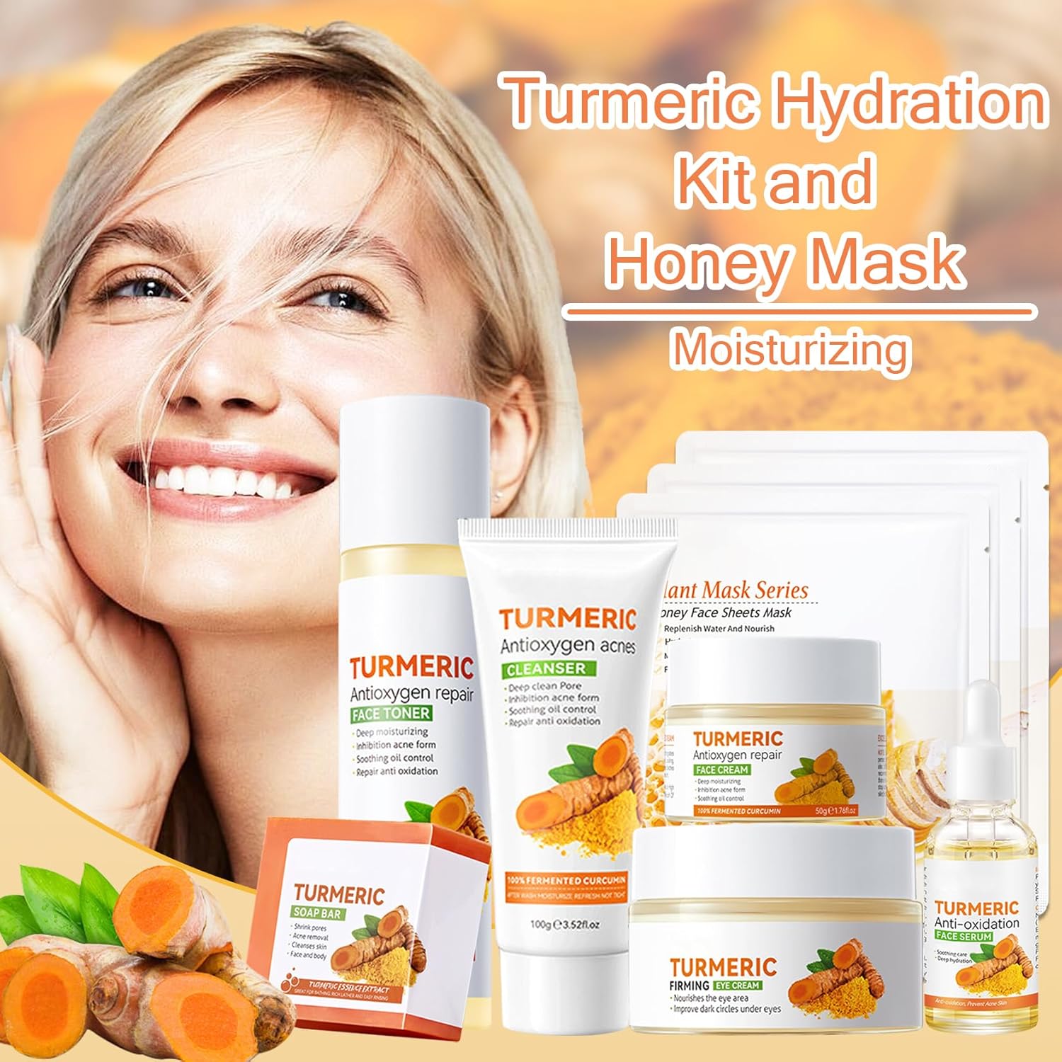 Turmeric Skin Care Set,9 Pcs Turmeric Skin Care Kit with 3 Honey Sheet Masks,Turmeric Soap Bar,Face Wash,Toner,Face Serum,Face Moisturizer Cream,Eye Cream - Image 2