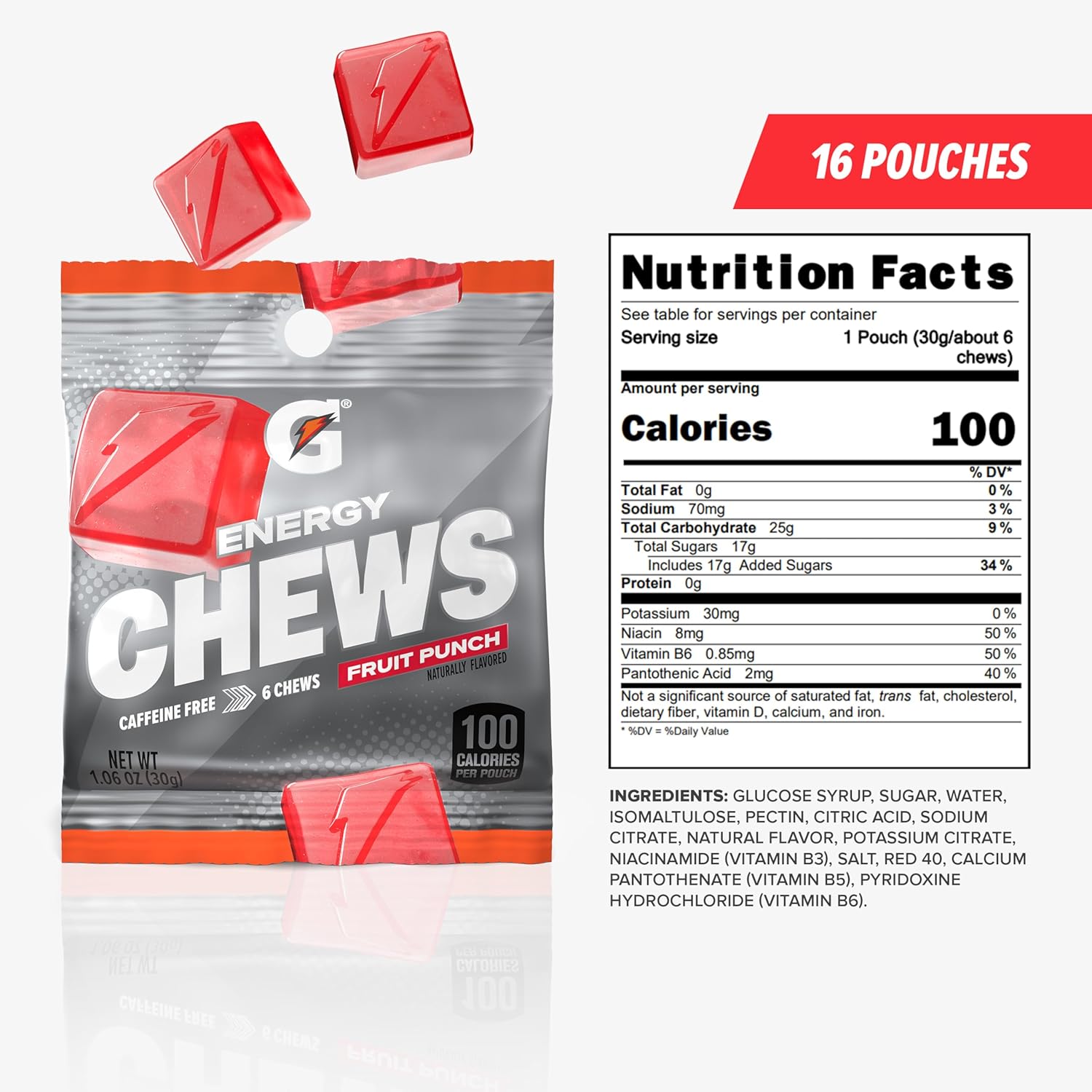 Gatorade Energy Chews, Fruit Punch, Caffeine Free, B12, 1.06 oz - 100 Calorie Pouches, (16 Pack)