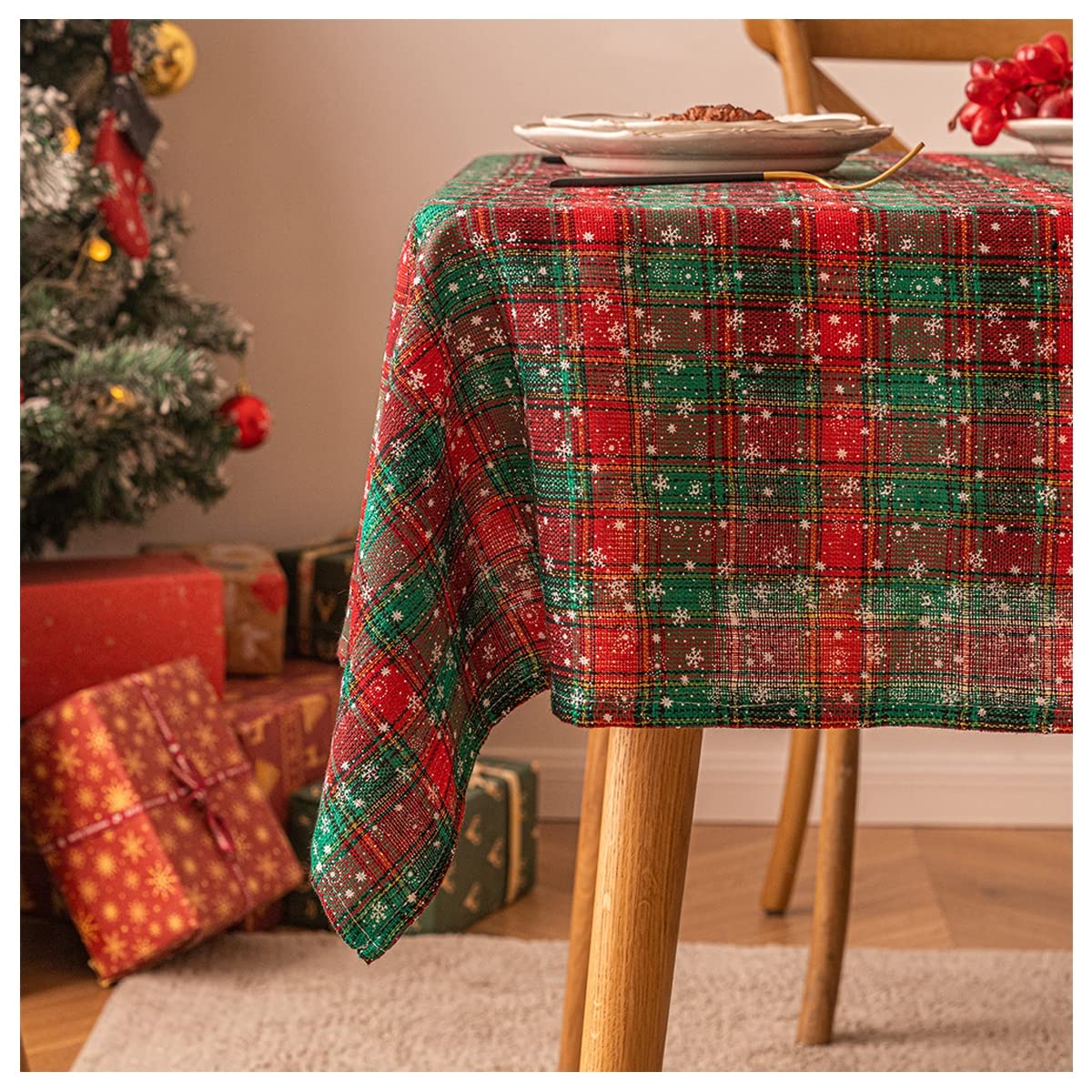 Świąteczny obrus na prostokątne stoły, płatek śniegu obrus w kratę do dekoracji wnętrz i na zewnątrz, pasuje do stołów 140 x 140 cm, idealne świąteczne akcesorium stołowe