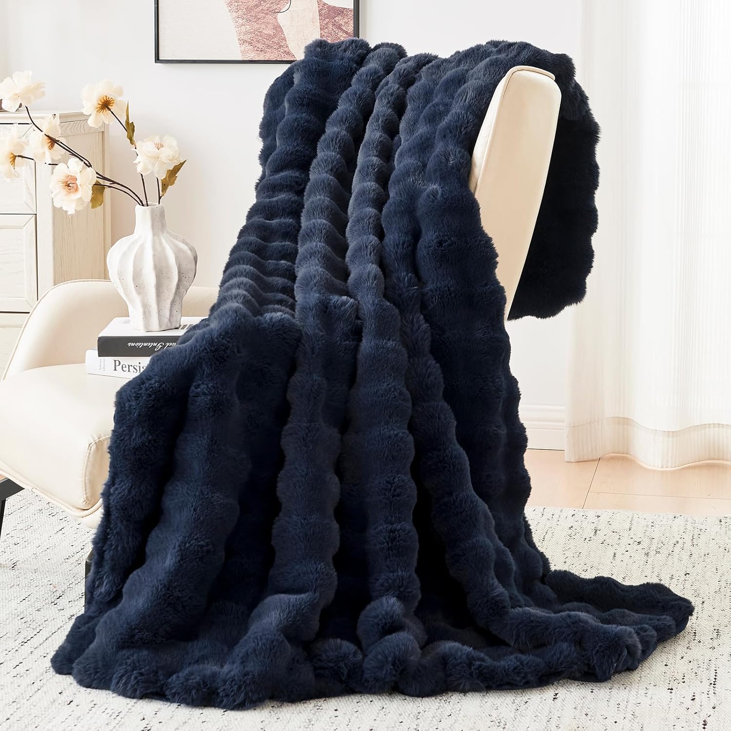 Bigacogo Faux Fur Throw Blanket for Couch, Fuzzy Soft Plush Thick Warm Bubble Blankets for Sofa Bed Living Room Décor, Cute Luxury Cozy Fluffy Throw Gift for Women Girls, 50"x60", Navy Blue