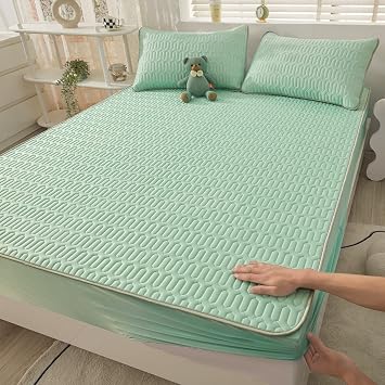 FCLDESHOP Deep Pocket Fitted Sheet,Summer Latex Solid Color Bedding Sheet, Cartoon Printed Anti-Slip Deep Pocket Mattress Protector Pillowcase,Green,200 * 220cm 3pcs