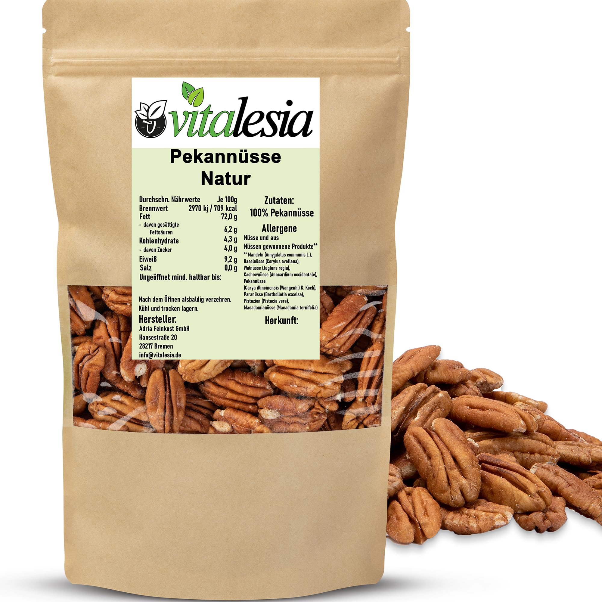 Vitalesia Pekannüsse naturbelassen 1kg | Premium Pekannusskerne | ungesalzen & ungeröstet | ohne Zusätze | USA-Qualität | mild & aromatisch | Nüsse Natur | vegan