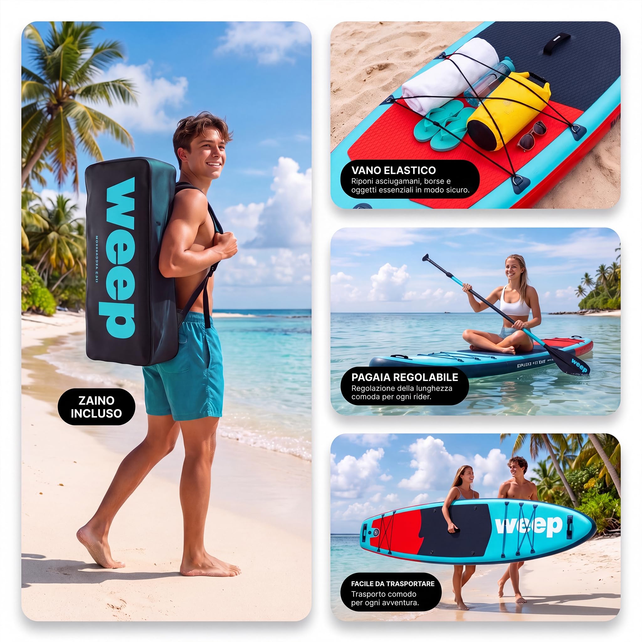 WEEP SUP Gonfiabile 10.6 & 11.6 & 12 piedi, Tavola SUP Gonfiabile con Pagaia 2in1, Pompa, Zaino, Leash e 3 Pinne, Paddle Board Gonfiabile Completo per Mare, Touring, Yoga e Tempo Libero