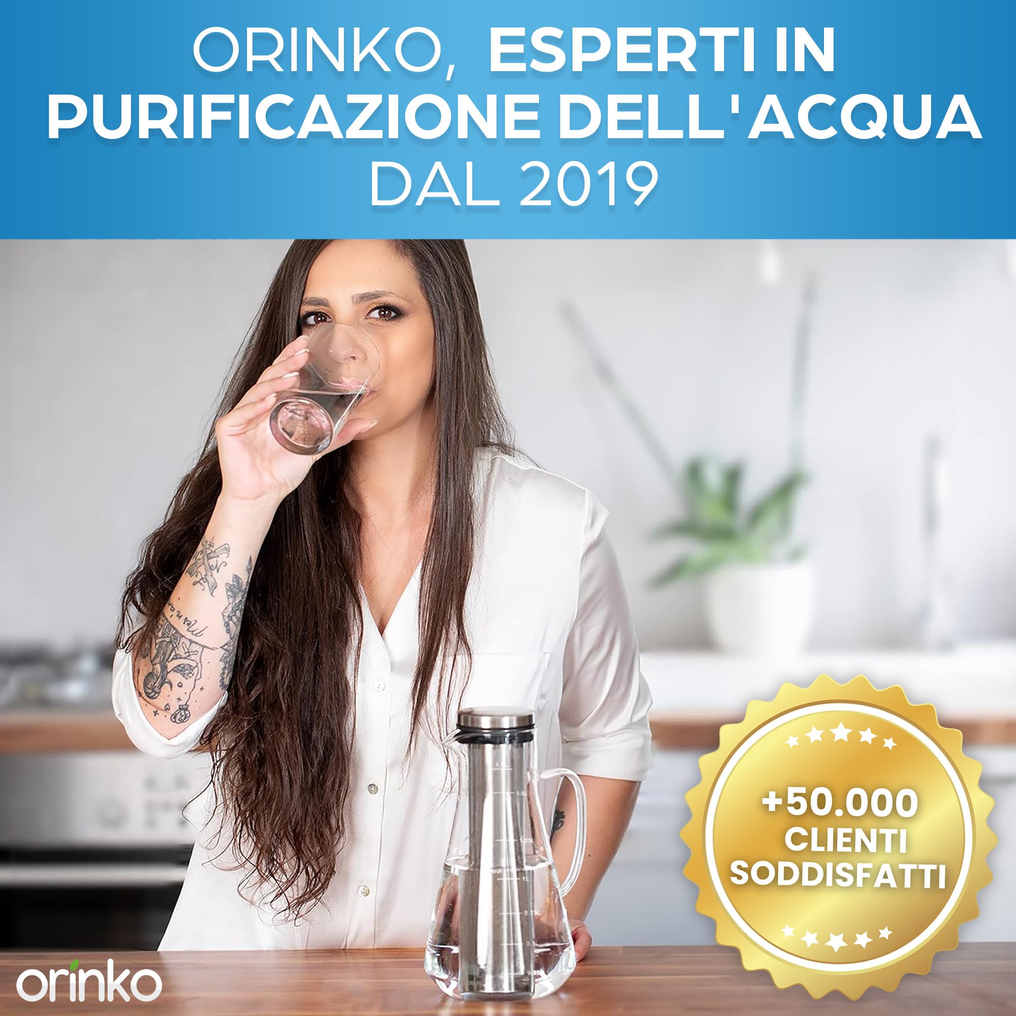 ORINKO® Caraffa Filtrante Vetro 1,6 L con Filtro Inox e Carbone Attivo Binchotan - Acqua Pura e Gusto Naturale - Accessorio Ecologico Zero Plastica per Cucina Sostenibile e Benessere