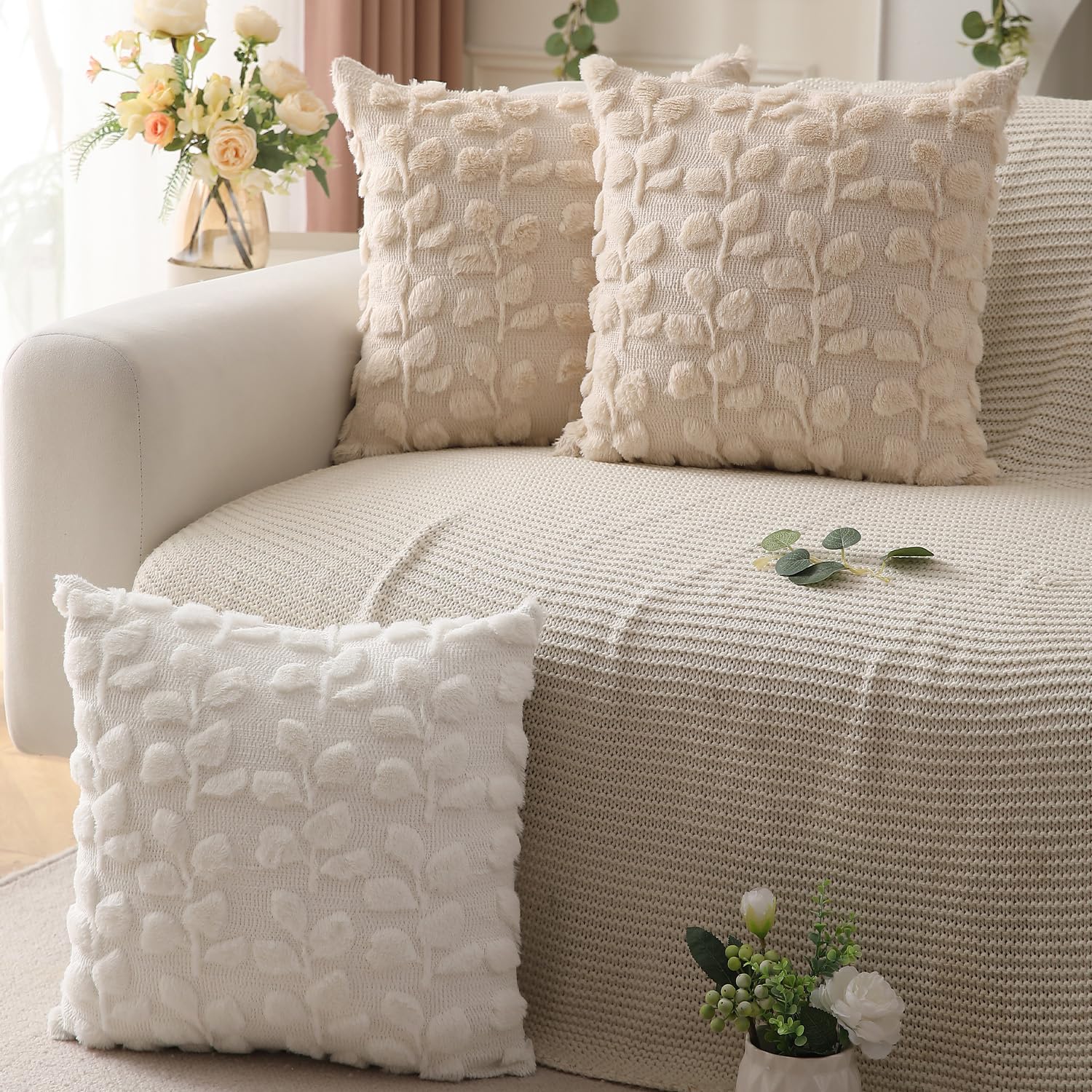 Farmhouse Pillow Covers Set Of 2 - 18x18 Inch, Cream White Eucalyptus Leaves, Plush Faux Fur, Jacquard