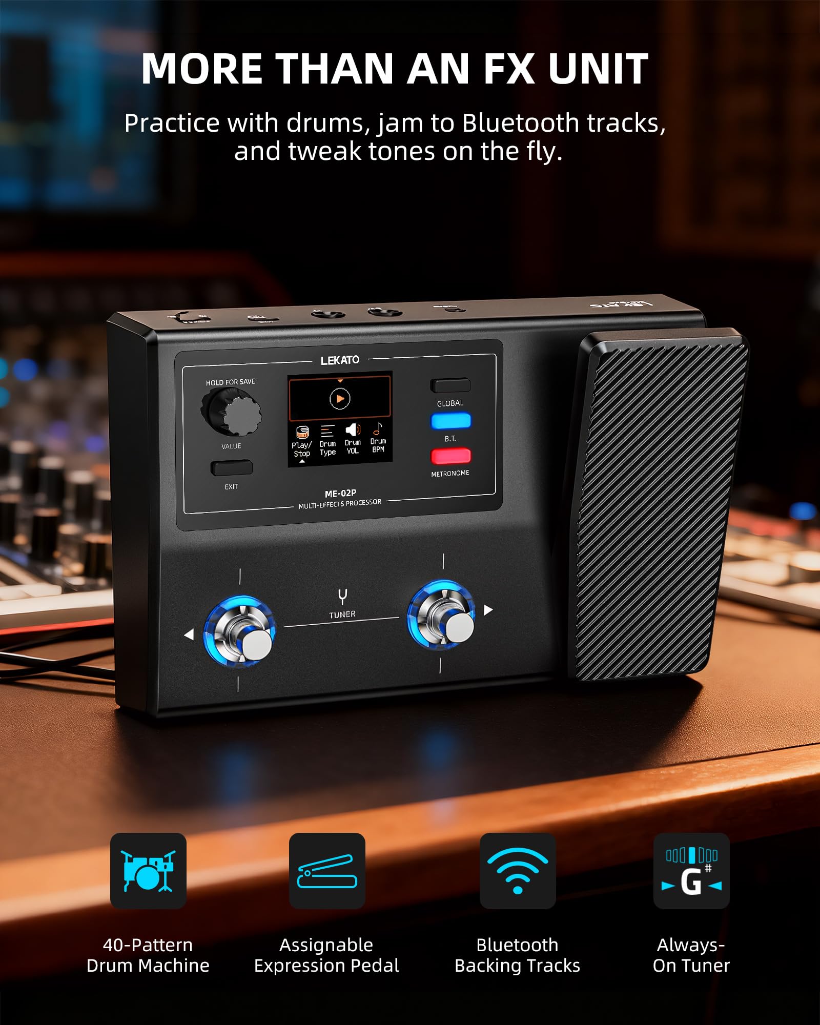 LEKATO Pedal multiefectos de guitarra con pedal de expresión, 100 preajustes 40 ritmos de batería, batería de audio de 24 bits 7H, aplicación Bluetooth y carga IR, grabación OTG, salidas de