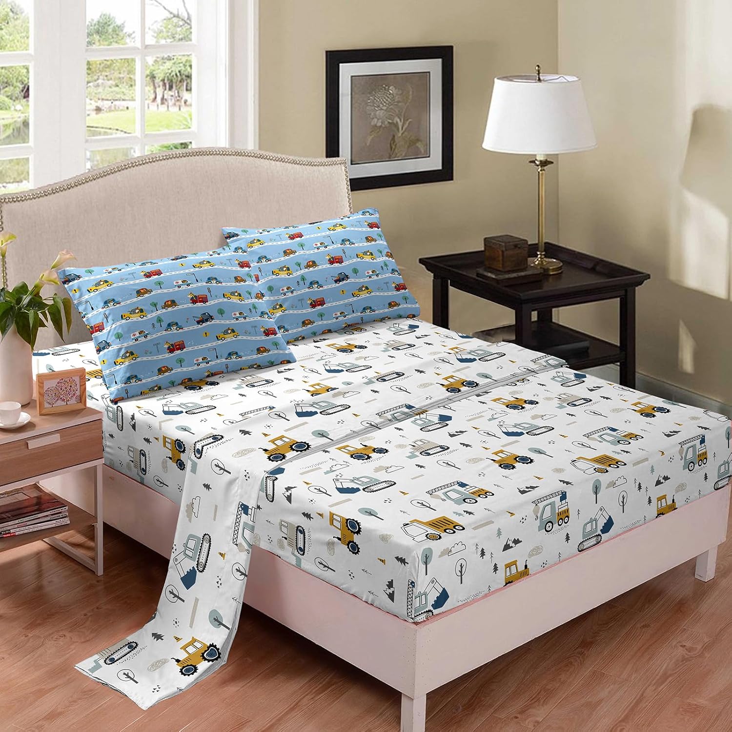 6pc Construction Comforter Set for Boys,Full Size Tractor Bedding Sets for Teen,Kids Comforter Set with 1 Quilt+1 Flat Sheet+1 Fitted Sheet+2 Pillowcases+1 Cushion Cover(Tractor Full)